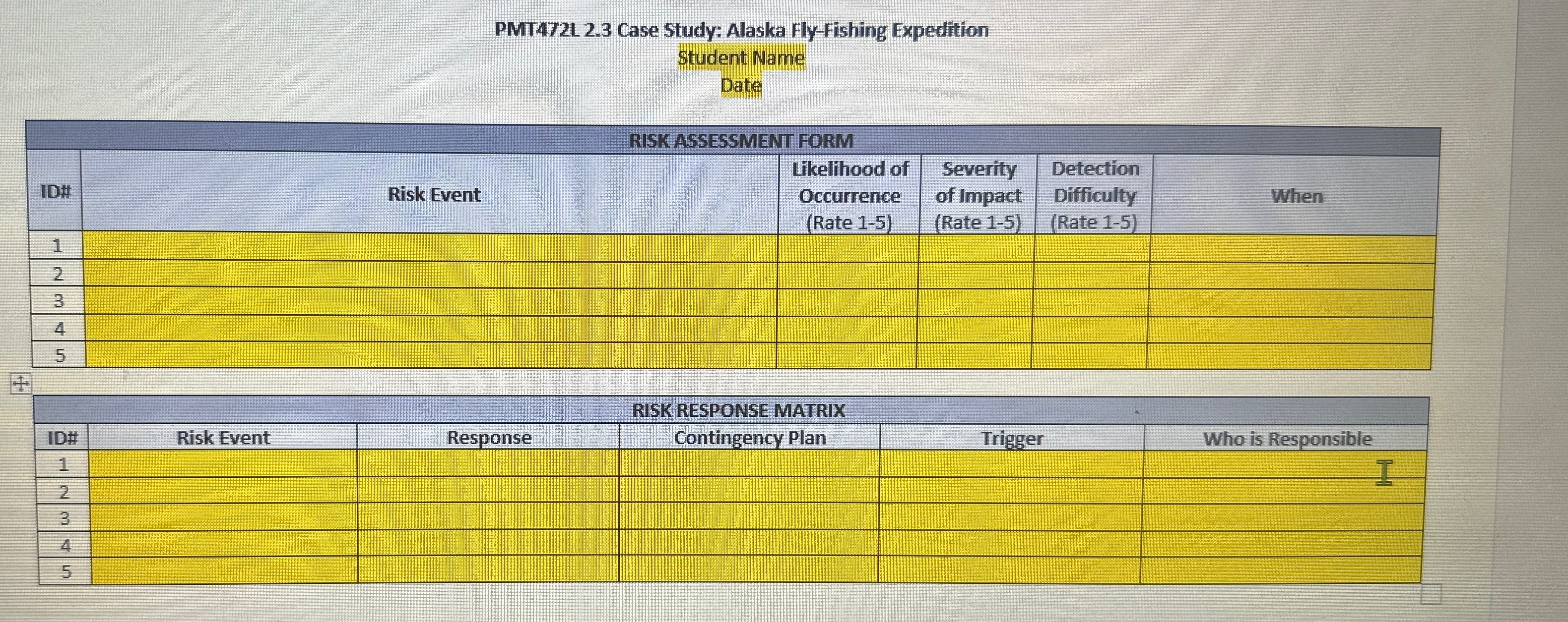  PMT472L 2.3 Case Study: Alaska Fly-Fishing Expedition Student Name Date \table[[RISK