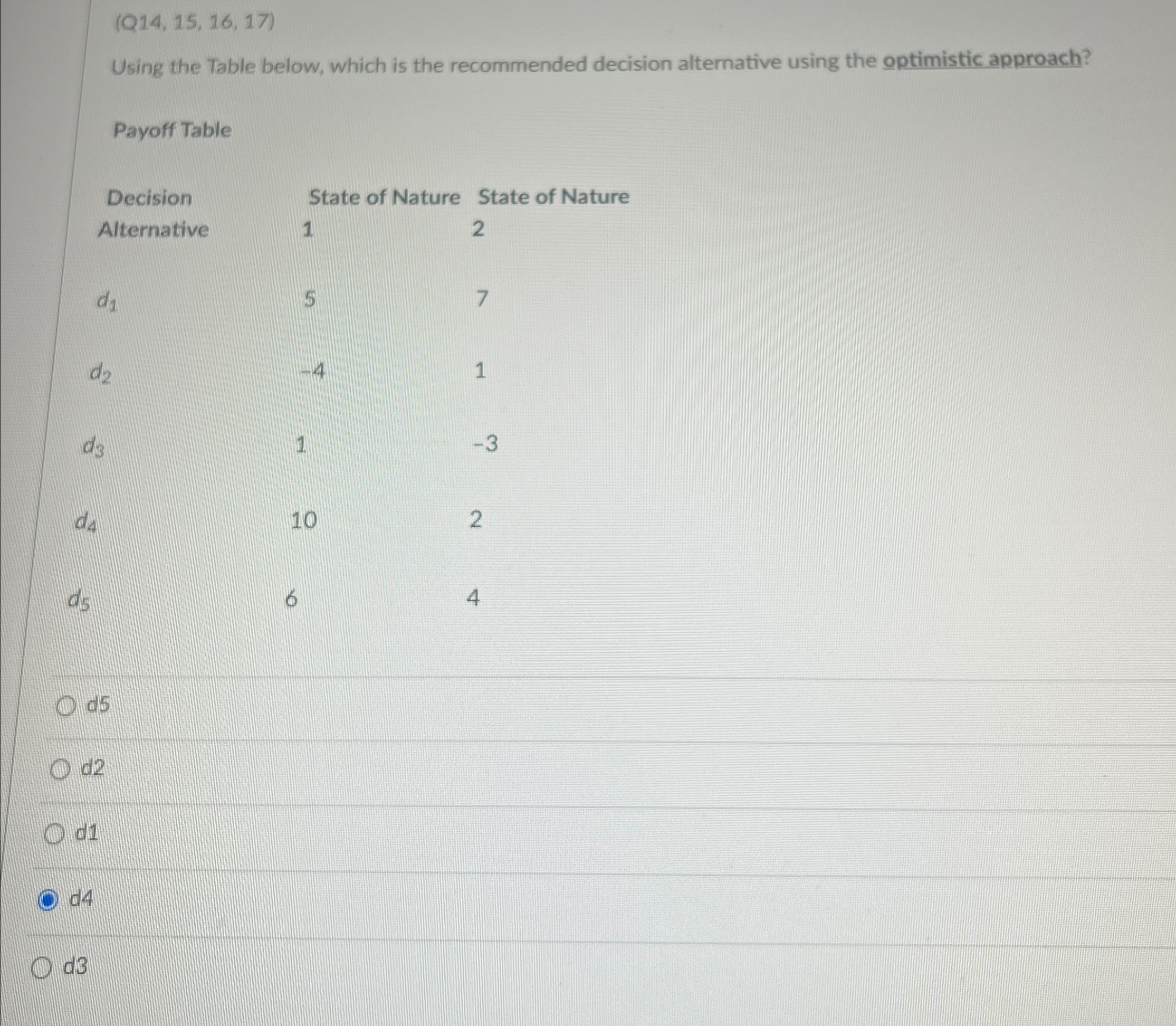  (Q14,15,16,17) Using the Table below, which is the recommended decision alternative