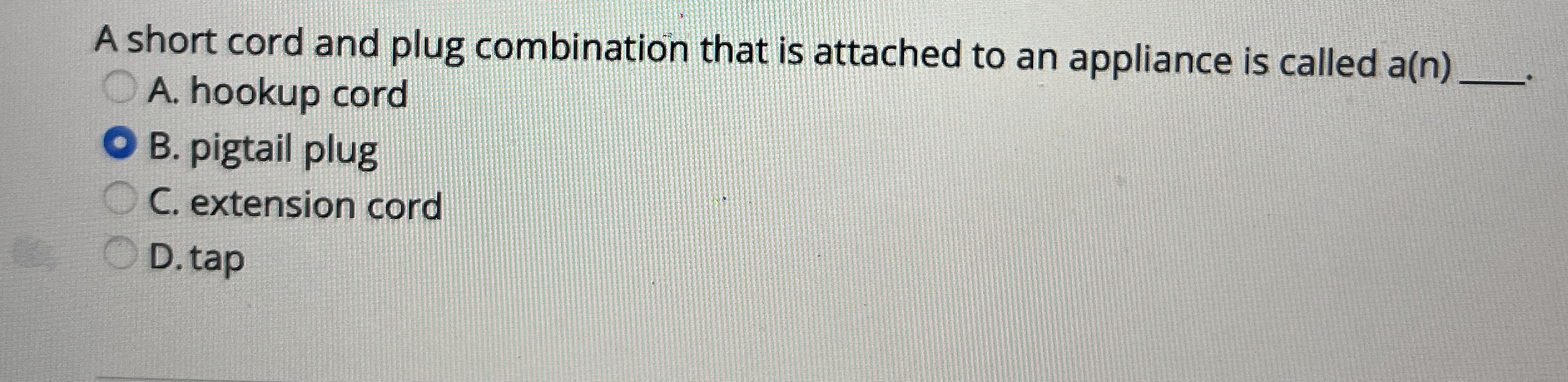  A short cord and plug combination that is attached to an