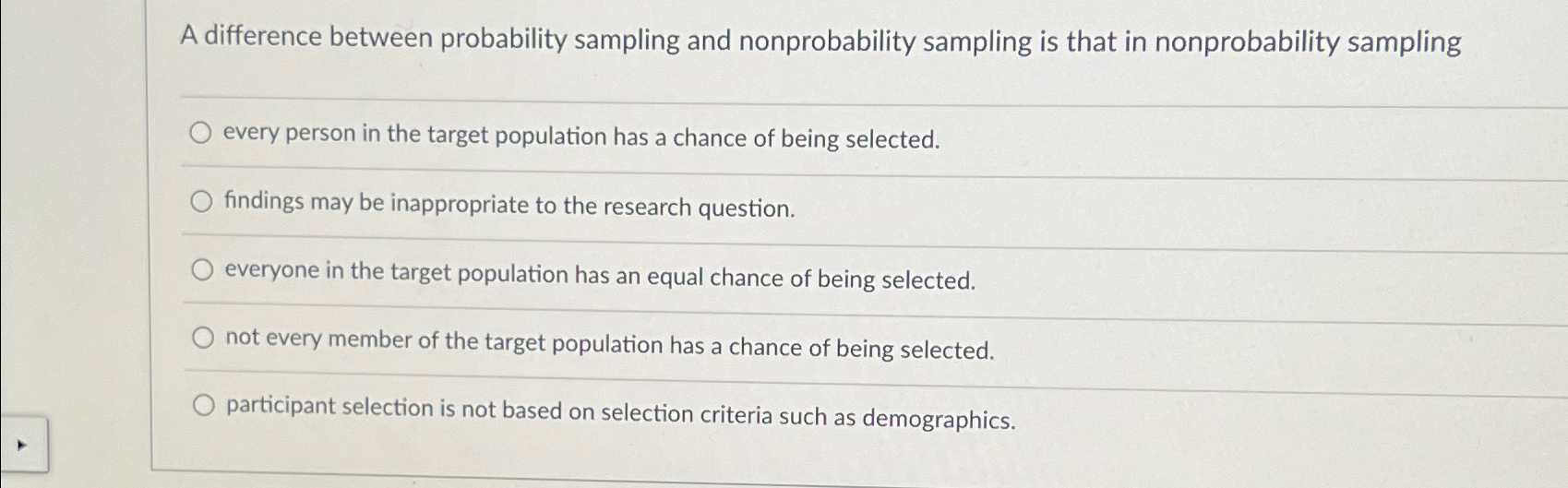  A difference between probability sampling and nonprobability sampling is that in