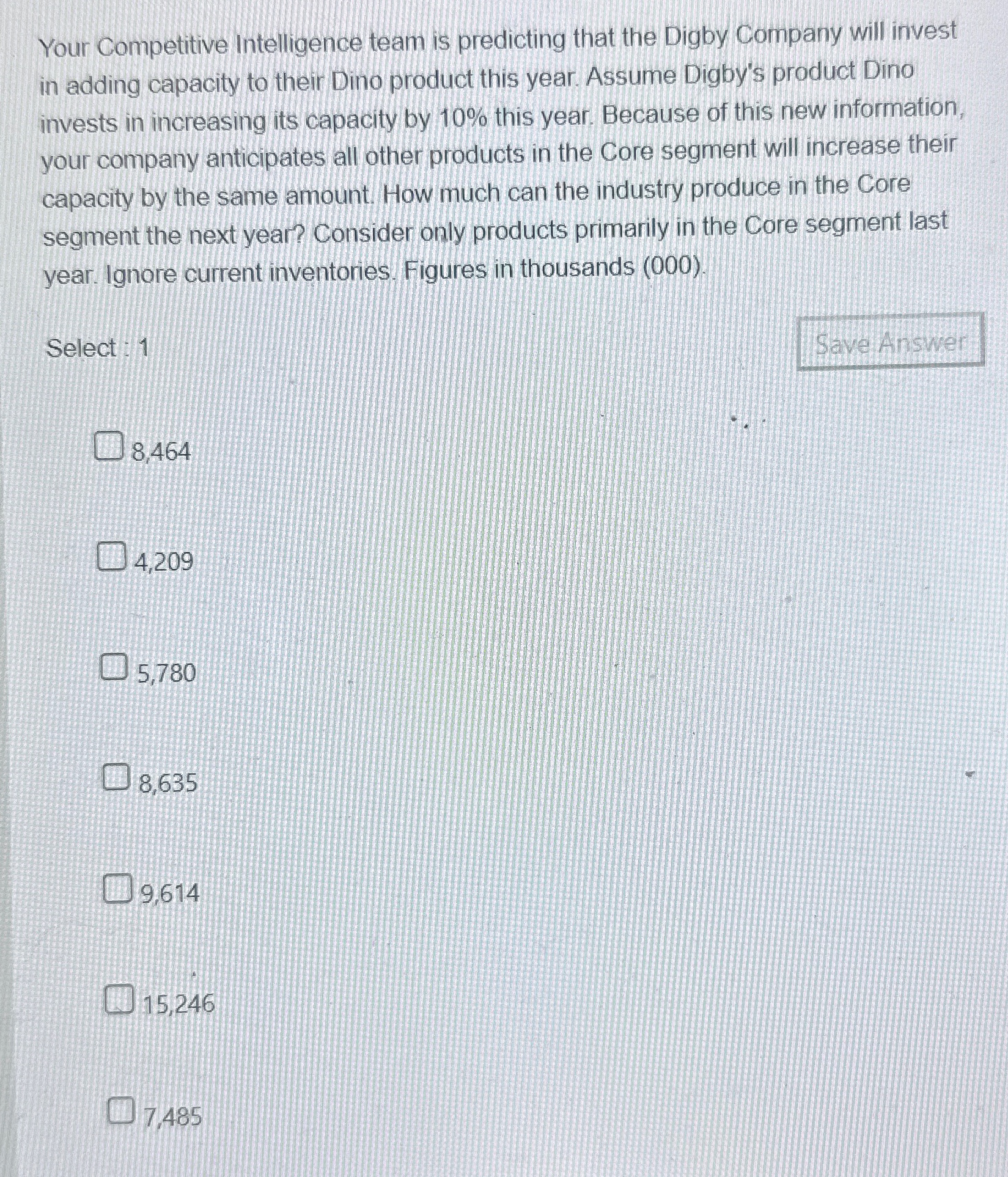  Your Competitive Intelligence team is predicting that the Digby Company will