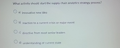  What activity should start the supply chain analytics strategy process? a)