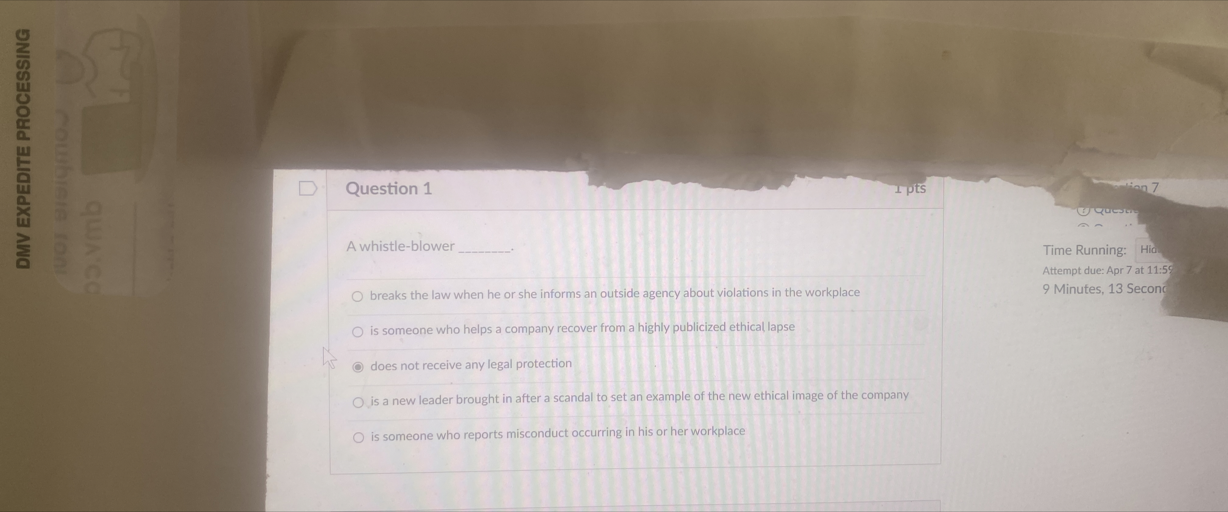  Question 1 A whistle-blower Time Running: Attempt due: Apr 7 at