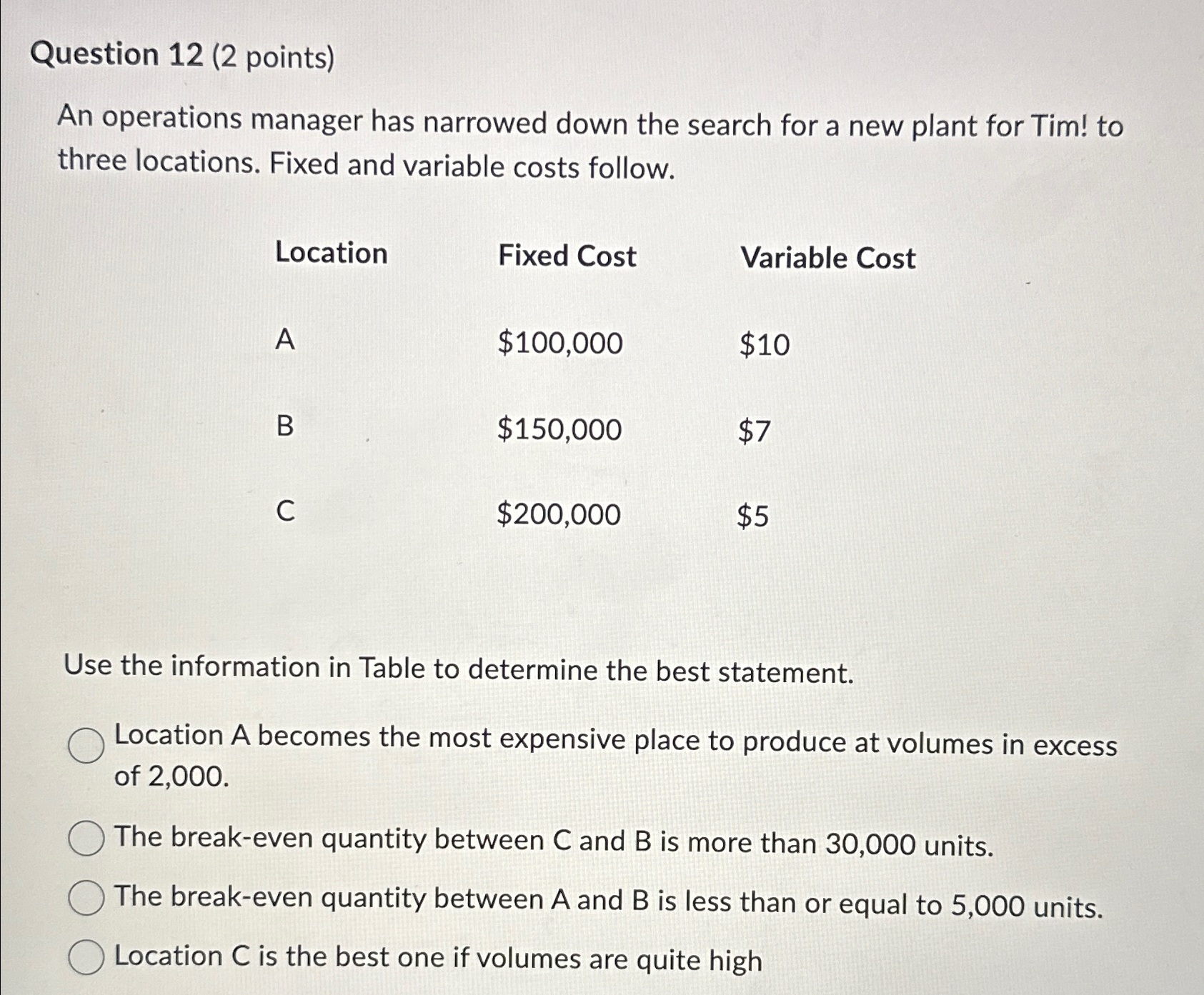  Question 12(2 points) An operations manager has narrowed down the search