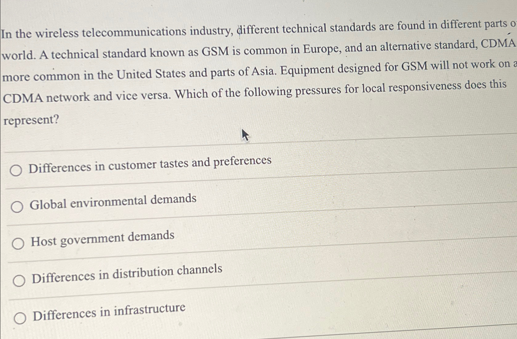  In the wireless telecommunications industry, different technical standards are found in