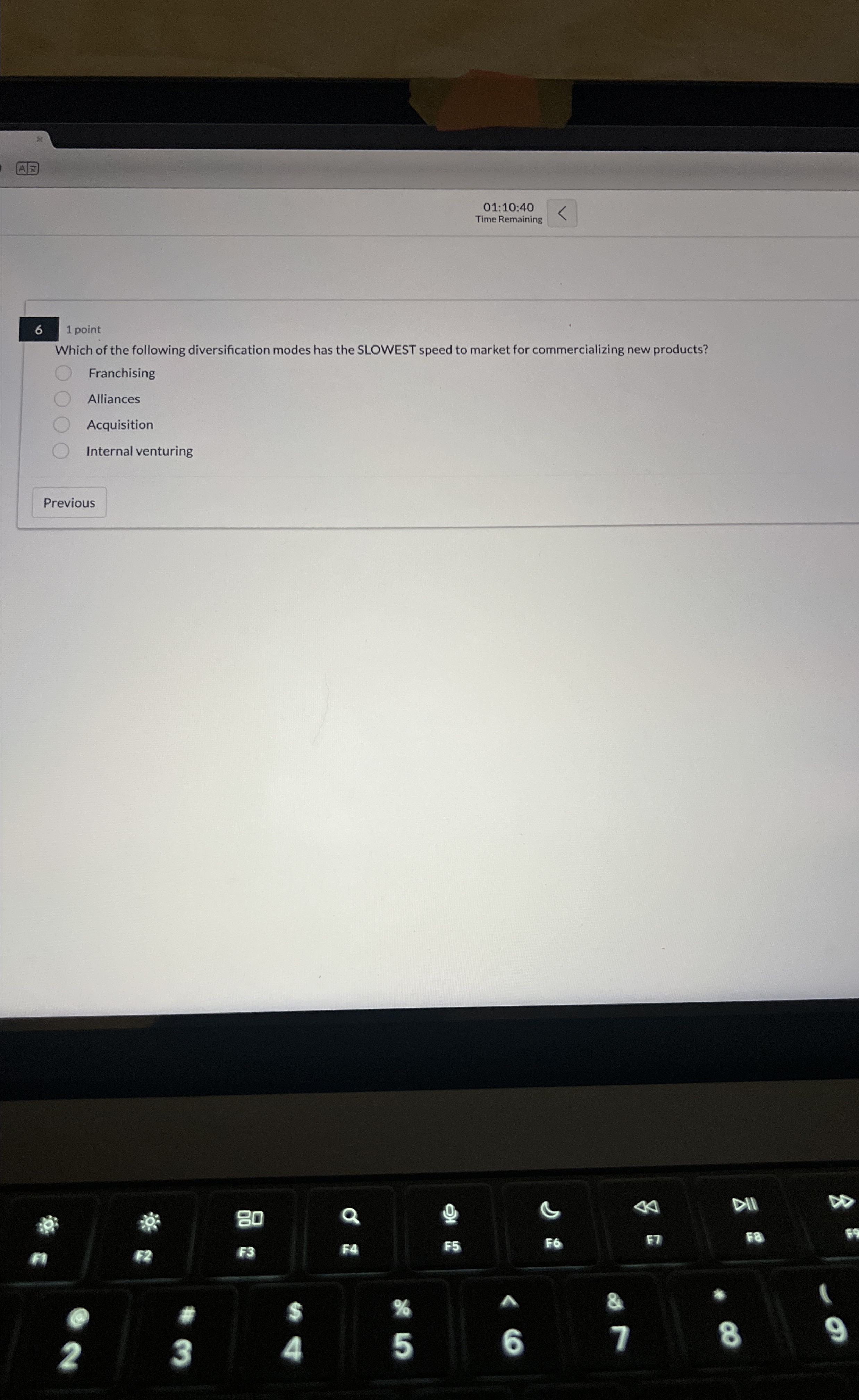  01:10:40 Time Remaining 6 1 point Which of the following diversification