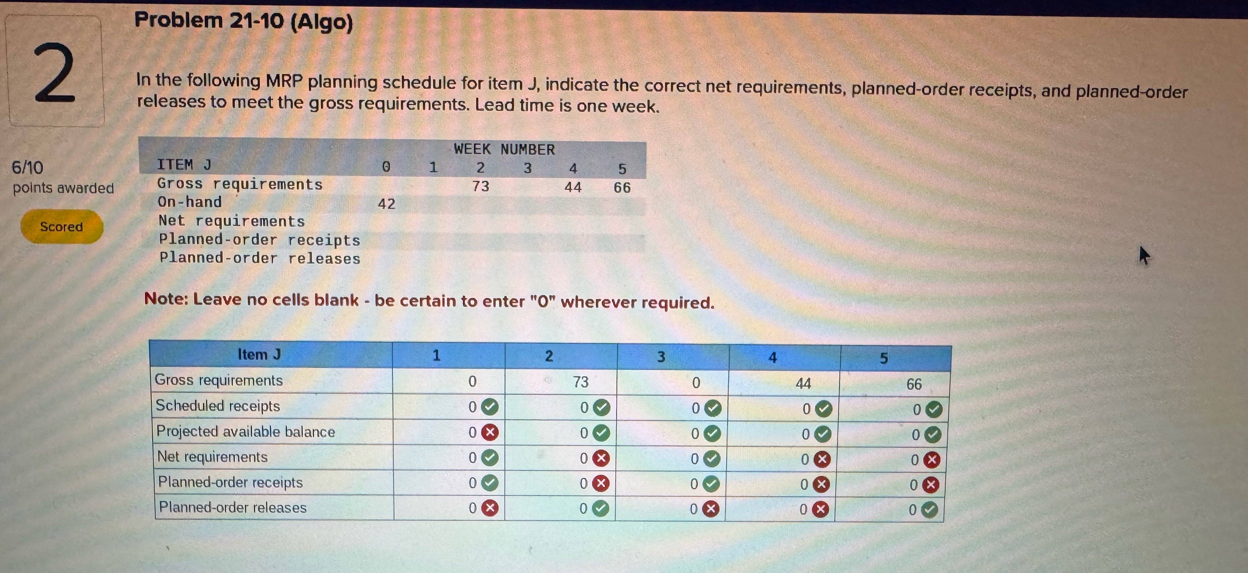  Problem 21-10(Algo) In the following MRP planning schedule for item J,