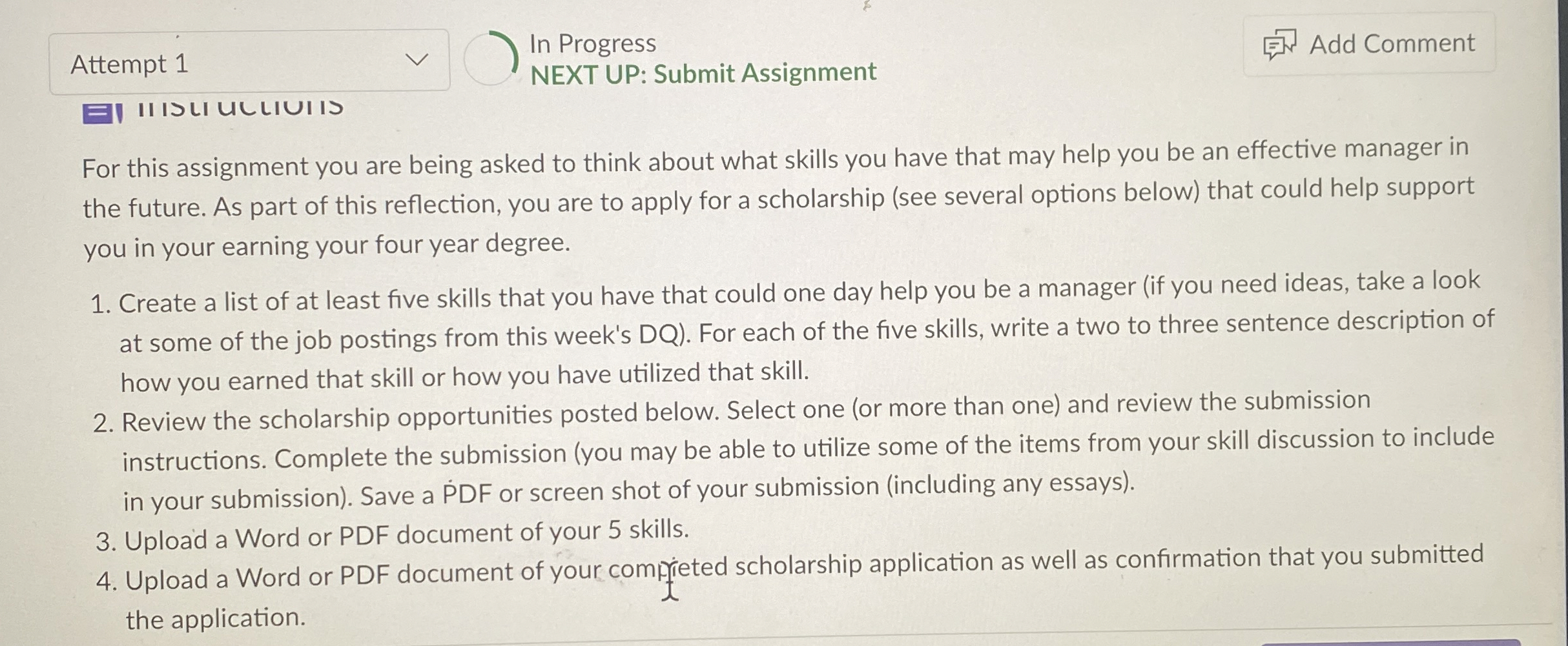  Attempt 1 In Progress Add Comment IIIULUllUII NEXT UP: Submit Assignment