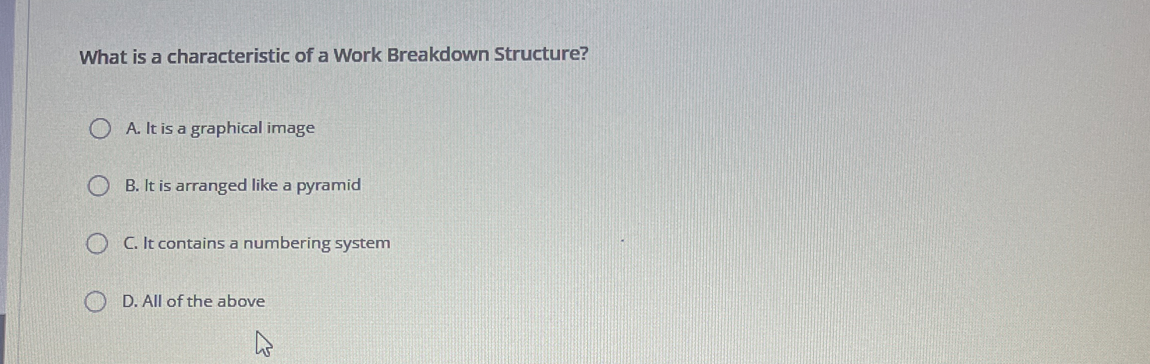  What is a characteristic of a Work Breakdown Structure? A. It