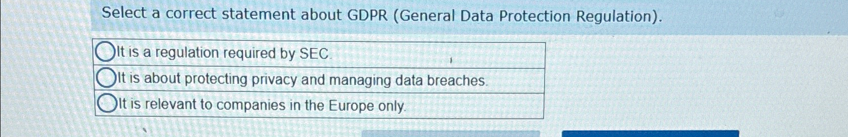  Select a correct statement about GDPR (General Data Protection Regulation). It