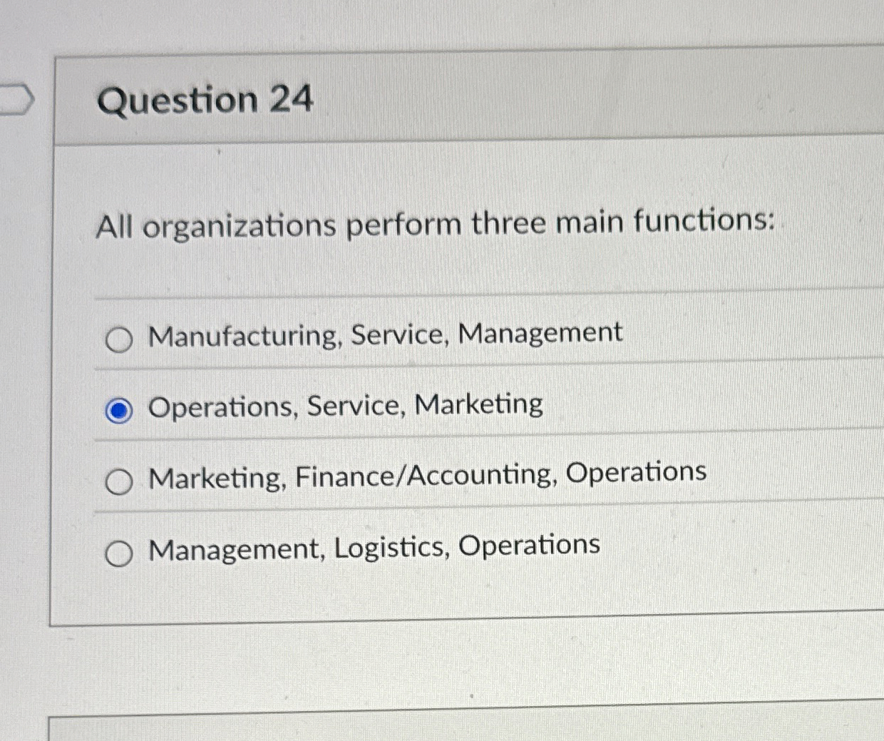  Question 24 All organizations perform three main functions: Manufacturing, Service, Management