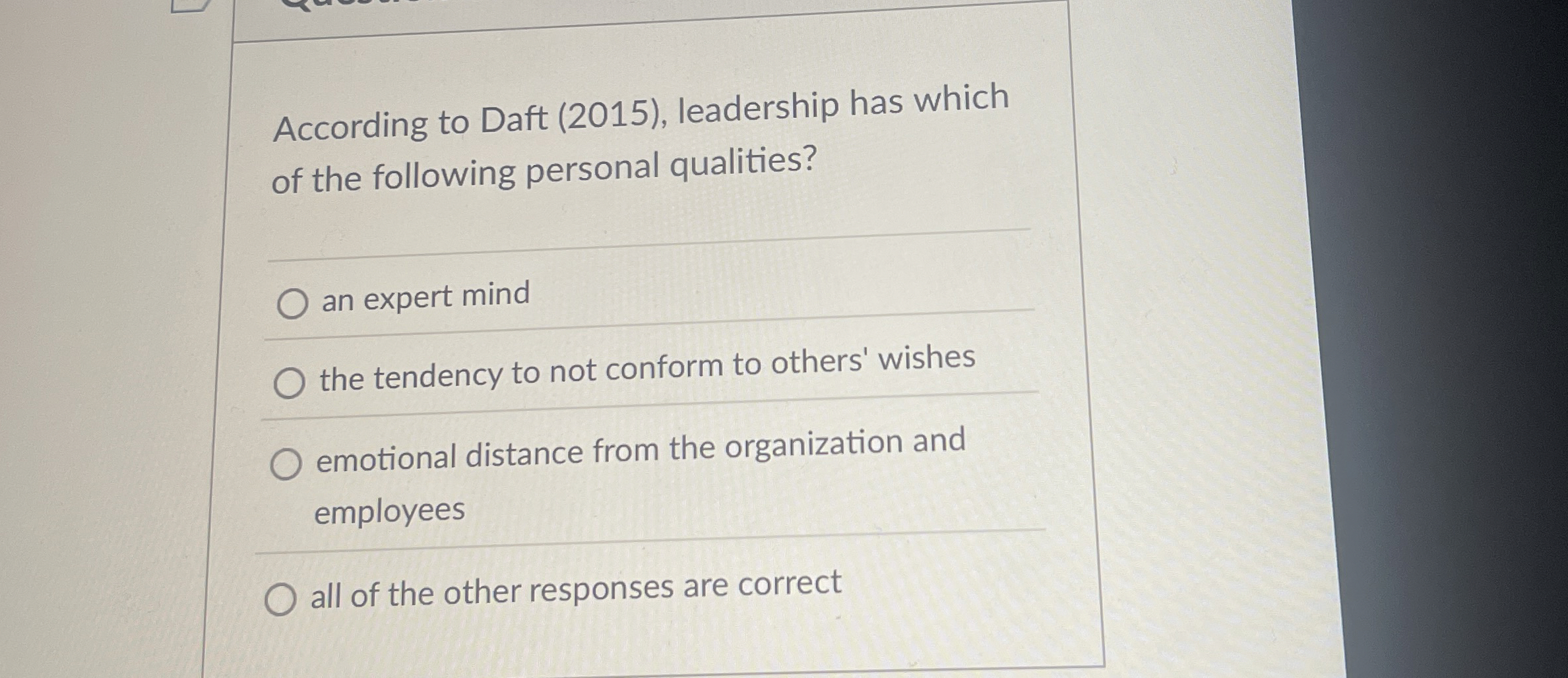  According to Daft (2015), leadership has which of the following personal