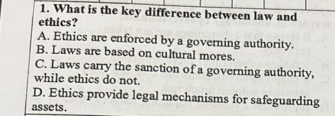  What is the key difference between law and ethics? A. Ethics