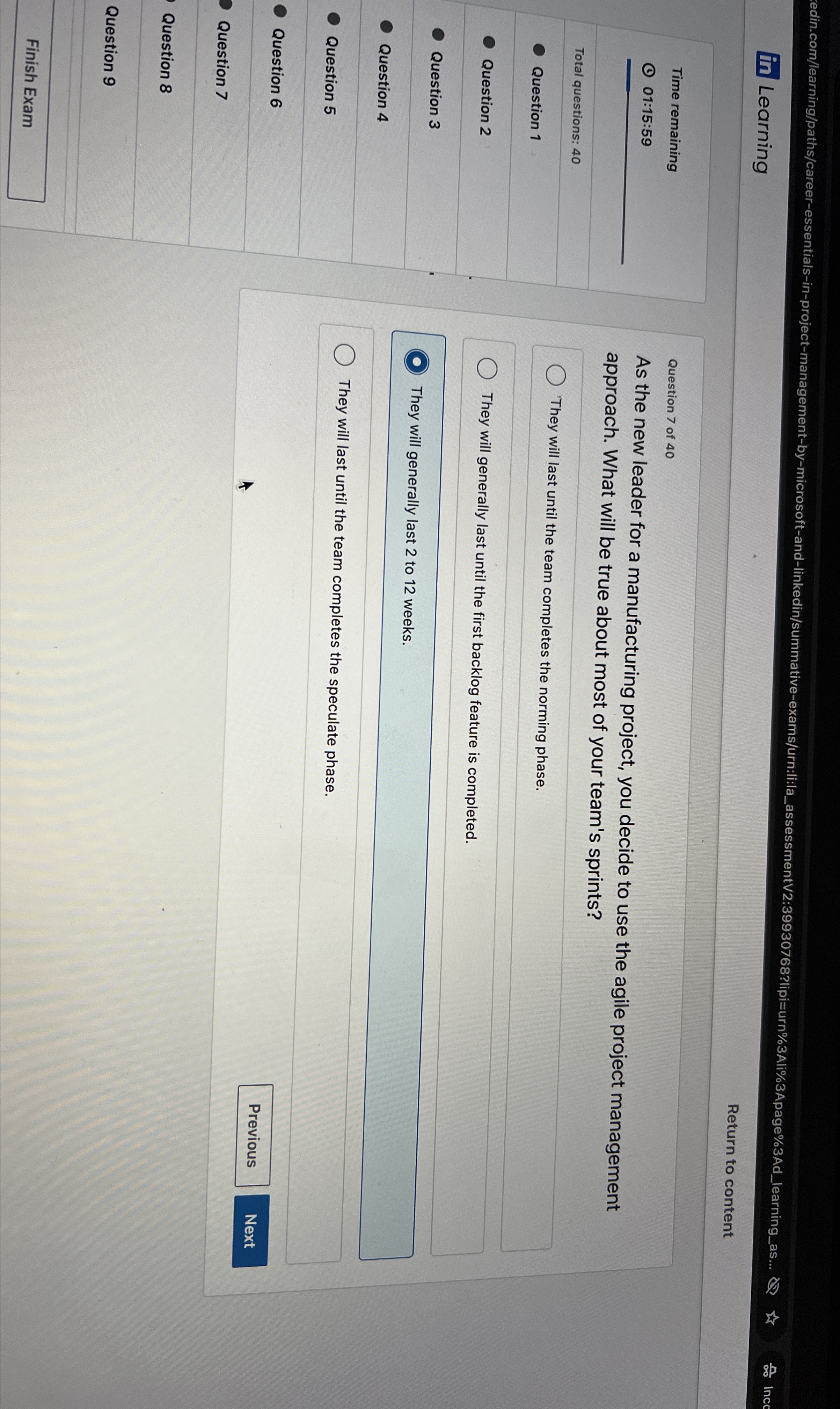  Learning Return to content Time remaining (c)01:15:59 Total questions: 40 Question