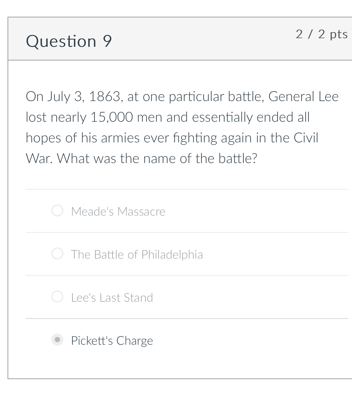  Question 9 2/2 pts On July 3,1863, at one particular battle,