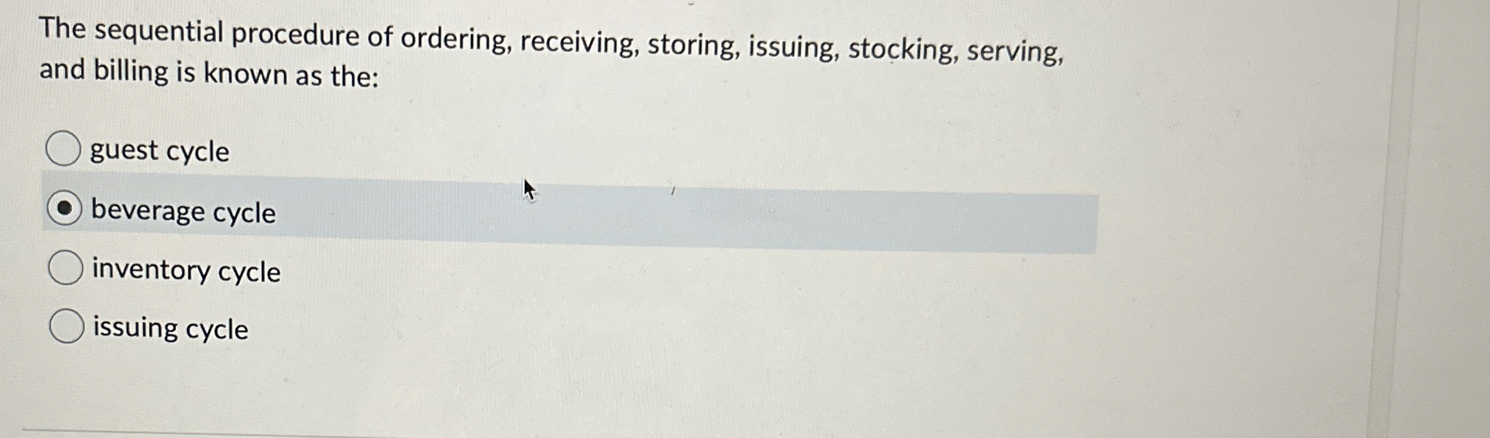  The sequential procedure of ordering, receiving, storing, issuing, stocking, serving, and