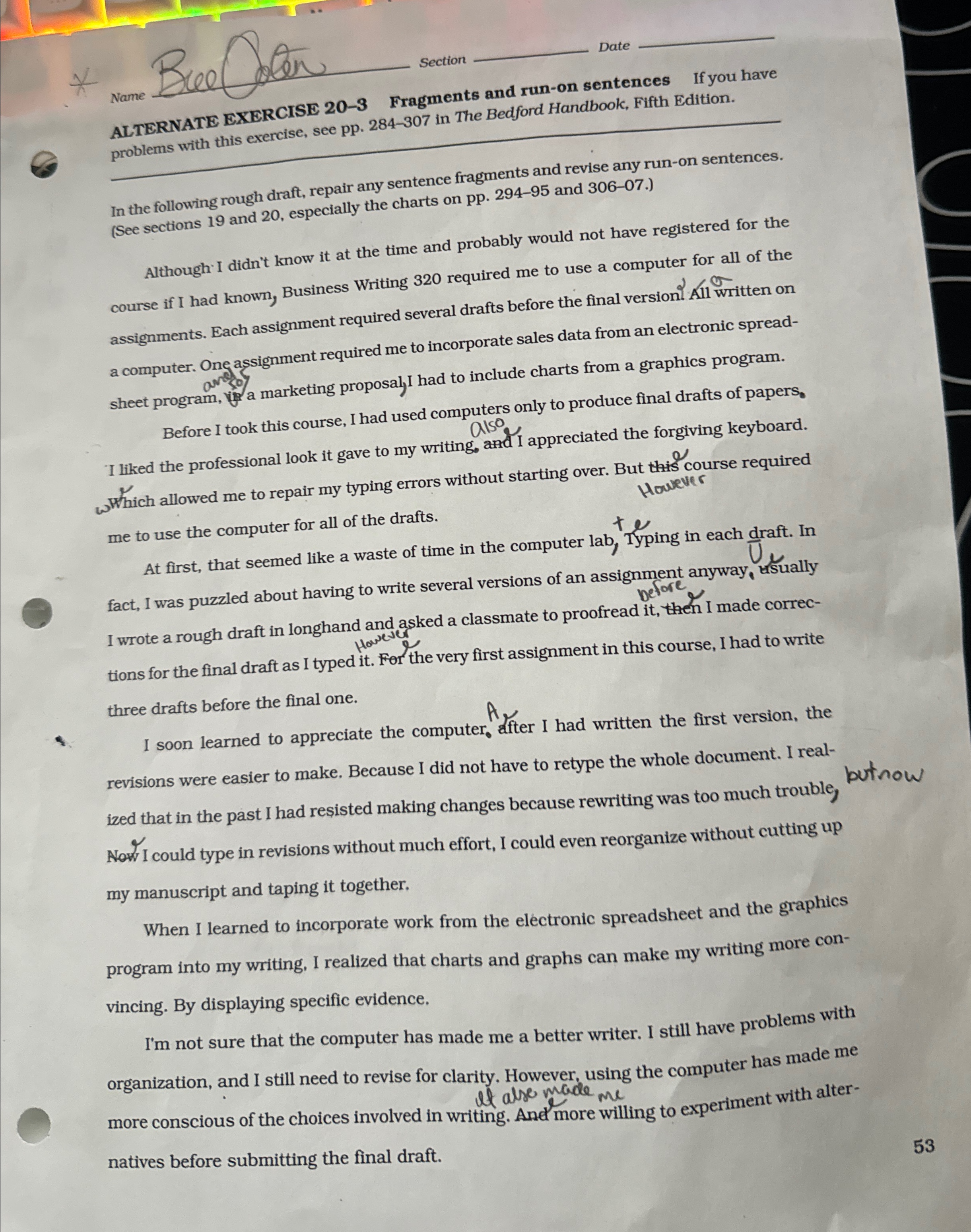  Section Date Name Bue Gen q, q, ALTERNATE EXERCISE 20-3 Fragments