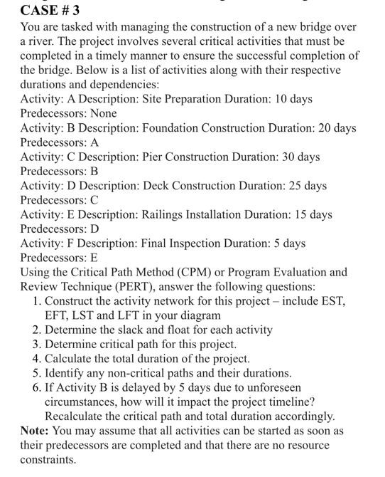  CASE # 3 You are tasked with managing the construction of