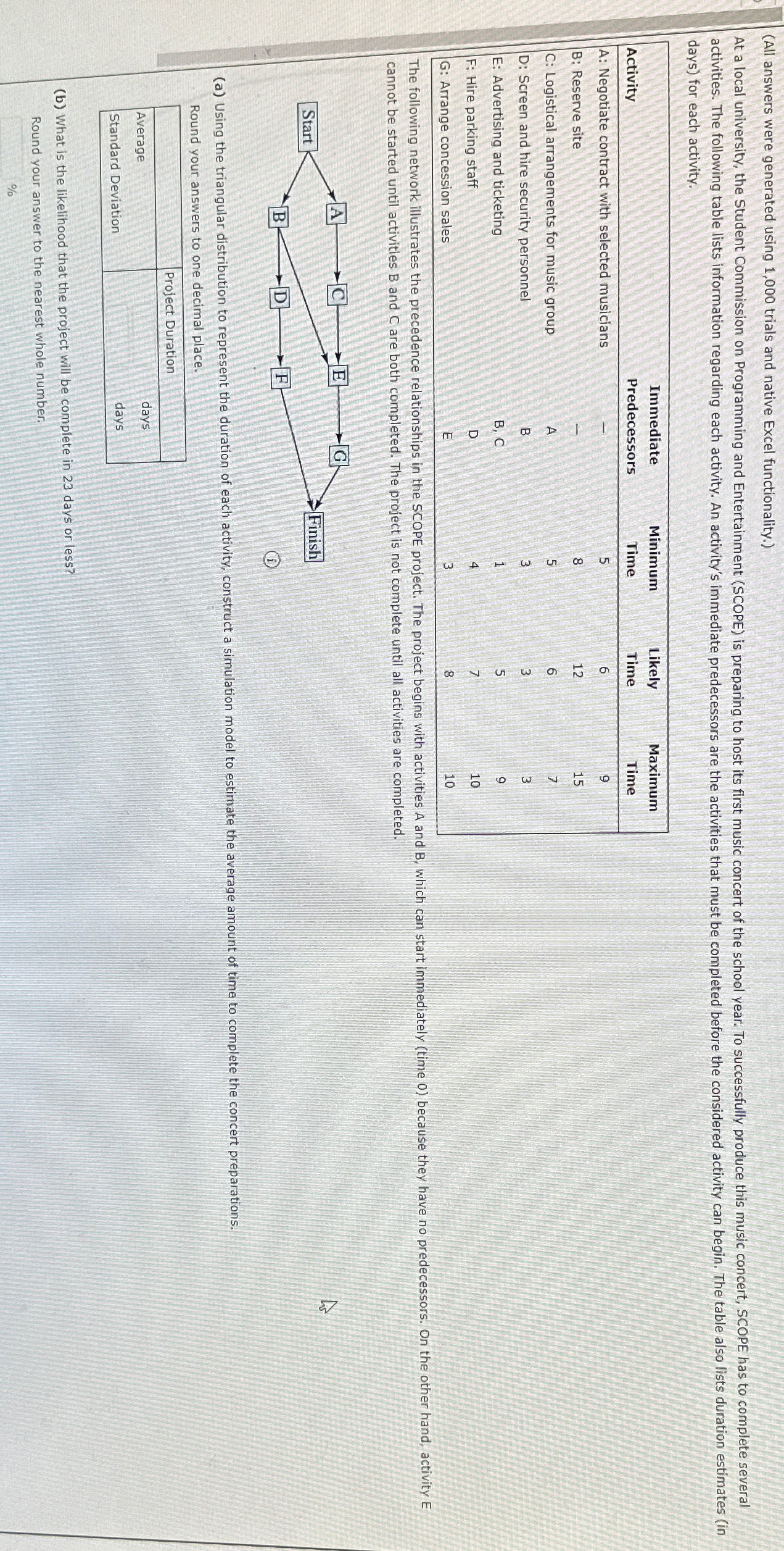  (All answers were generated using 1,000 trials and native Excel functionality.)