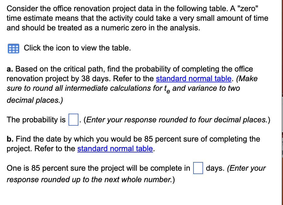  Consider the office renovation project data in the following table. A