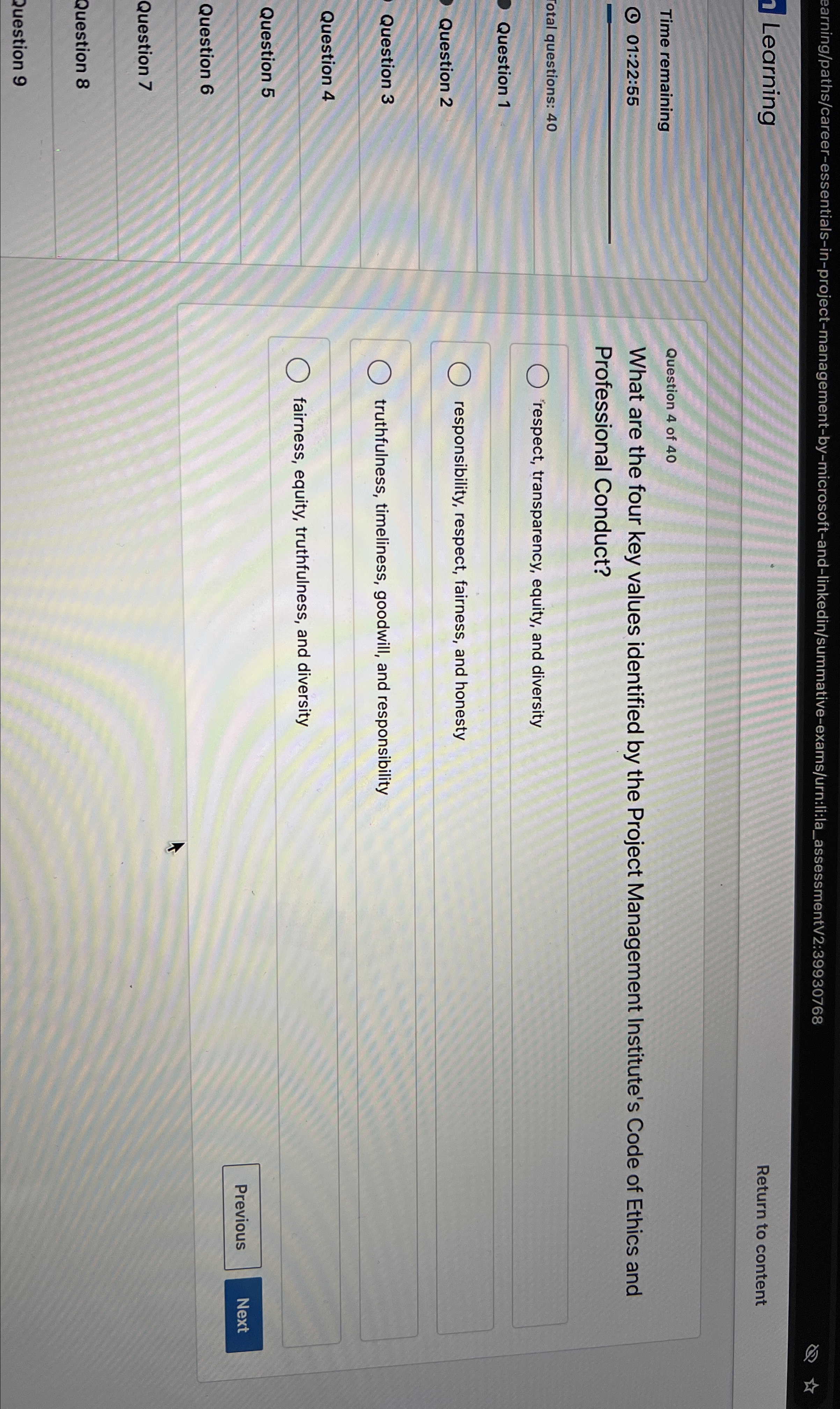  Learning Return to content Time remaining 01:22:55 Cotal questions: 40 Question
