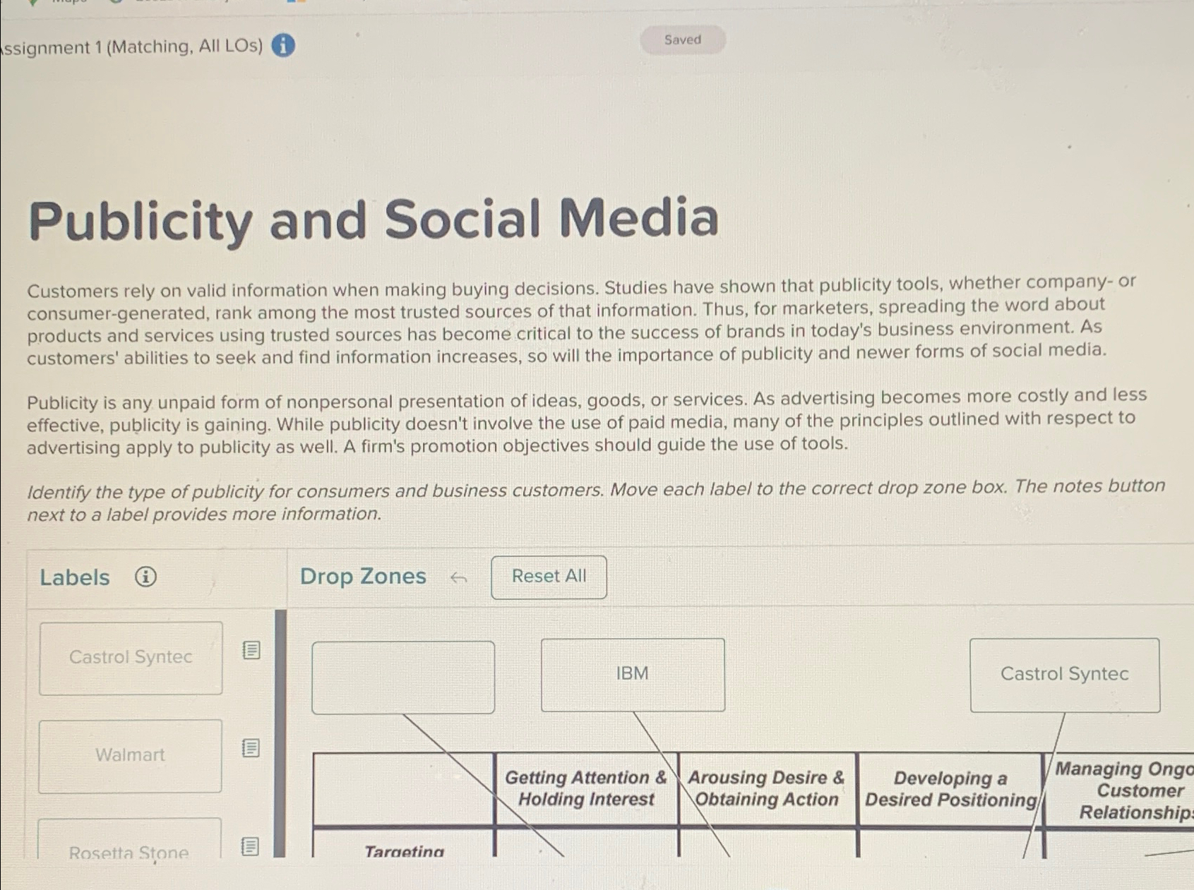  ssignment 1(Matching, All LOs) Publicity and Social Media Customers rely on
