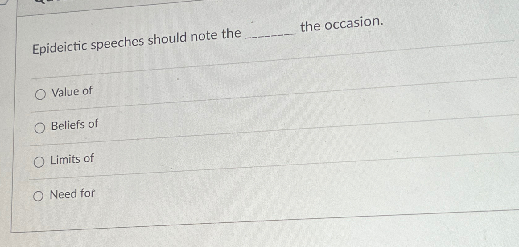  Epideictic speeches should note the the occasion. q, Value of Beliefs