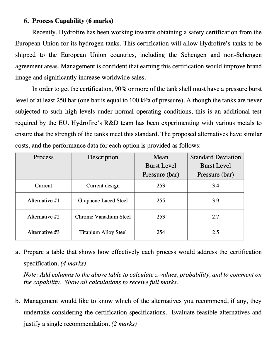  Process Capability (6 marks) Recently, Hydrofire has been working towards obtaining