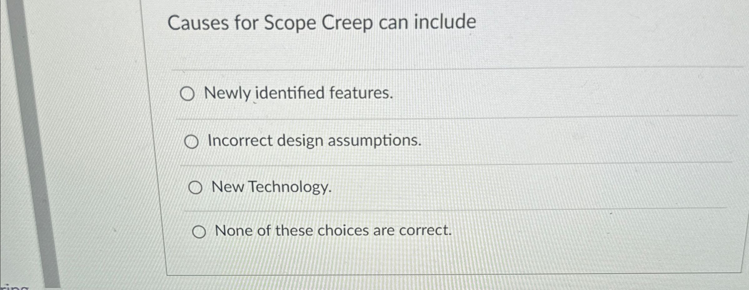  Causes for Scope Creep can include Newly identified features. Incorrect design