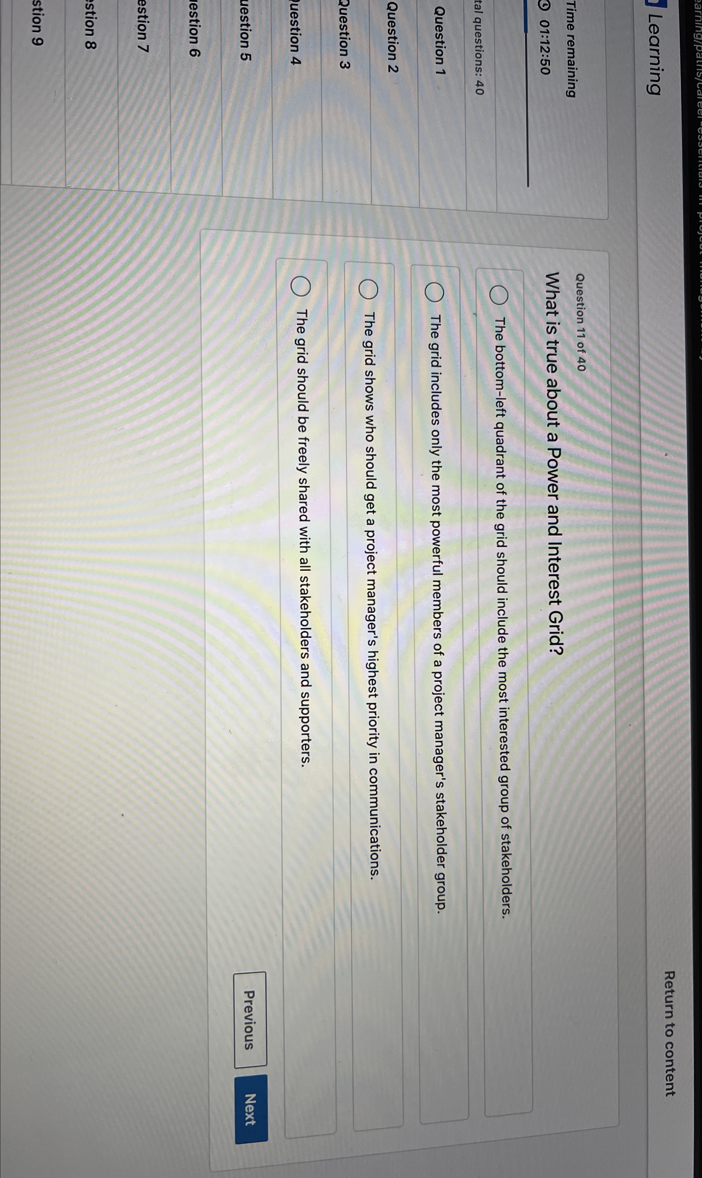  Learning Return to content Time remaining (1)01:12:50 tal questions: 40 Question