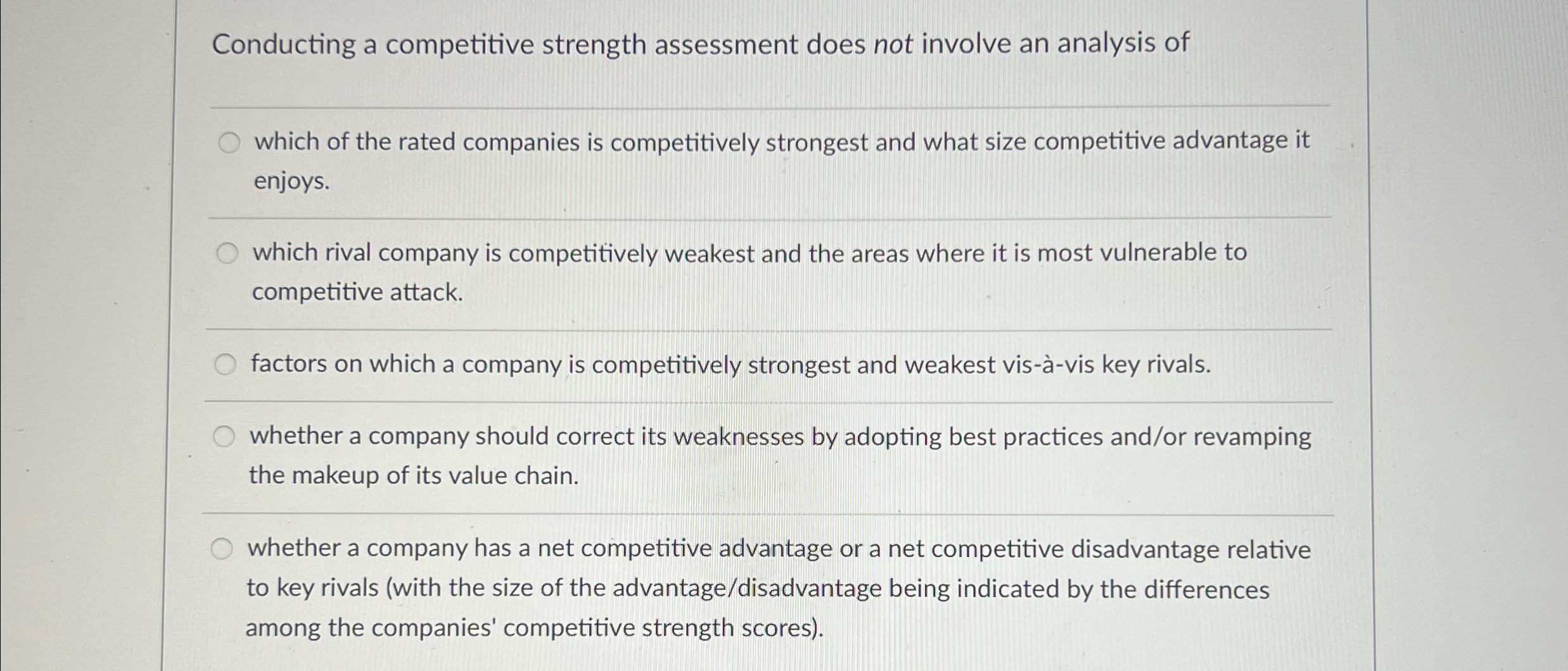  Conducting a competitive strength assessment does not involve an analysis of