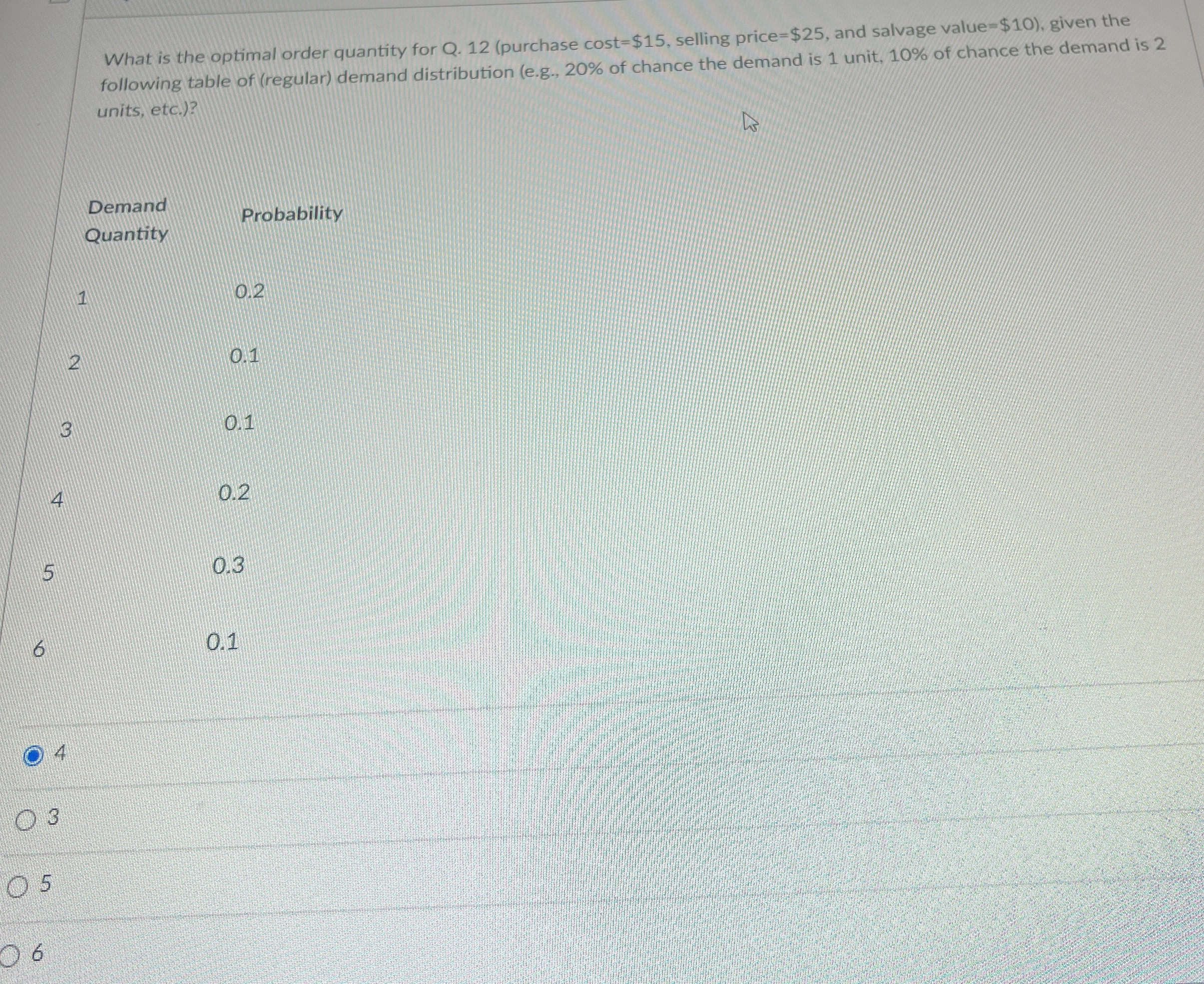  What is the optimal order quantity for Q.12(purchase cost =$15, selling