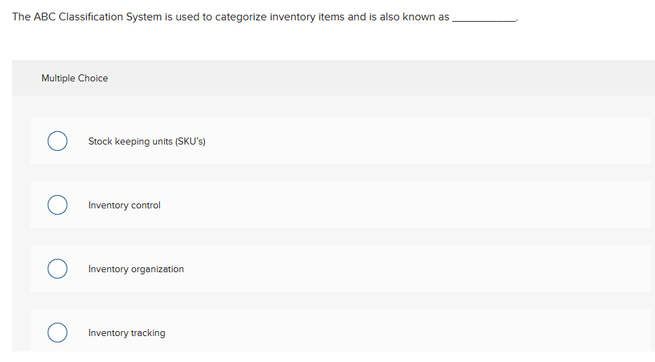  The ABC Classification System is used to categorize inventory items and