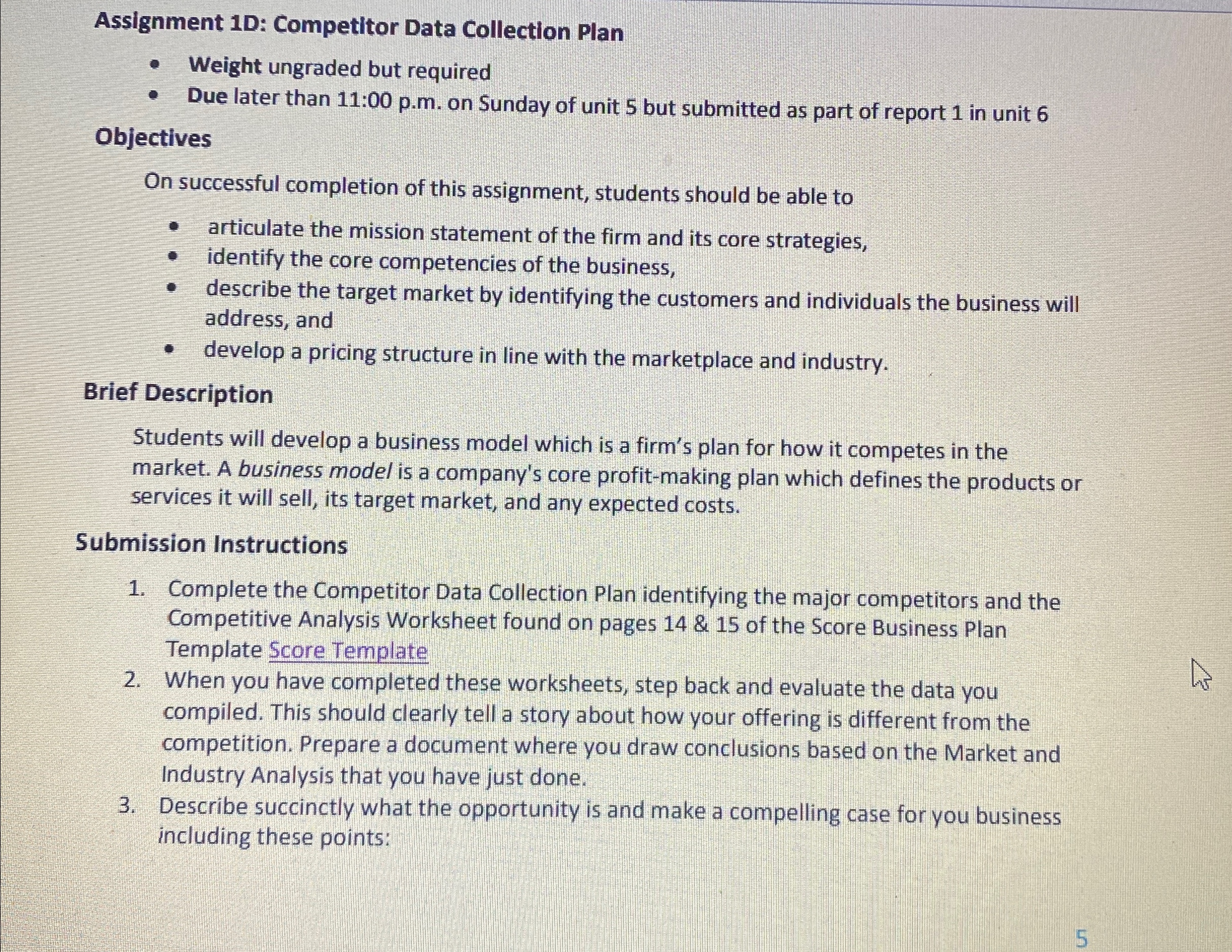  Assignment 1D: Competitor Data Collection Plan Weight ungraded but required Due
