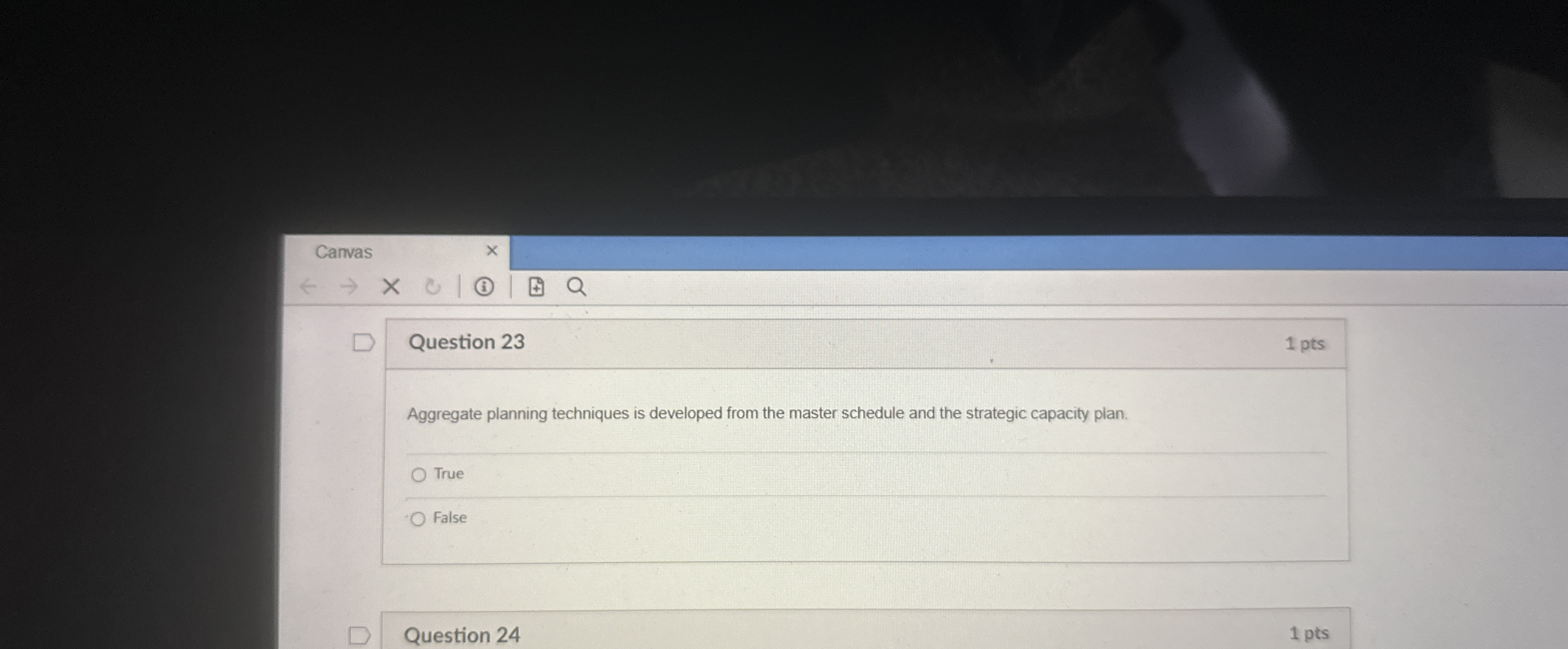  Canvas Question 23 1 pts Aggregate planning techniques is developed from