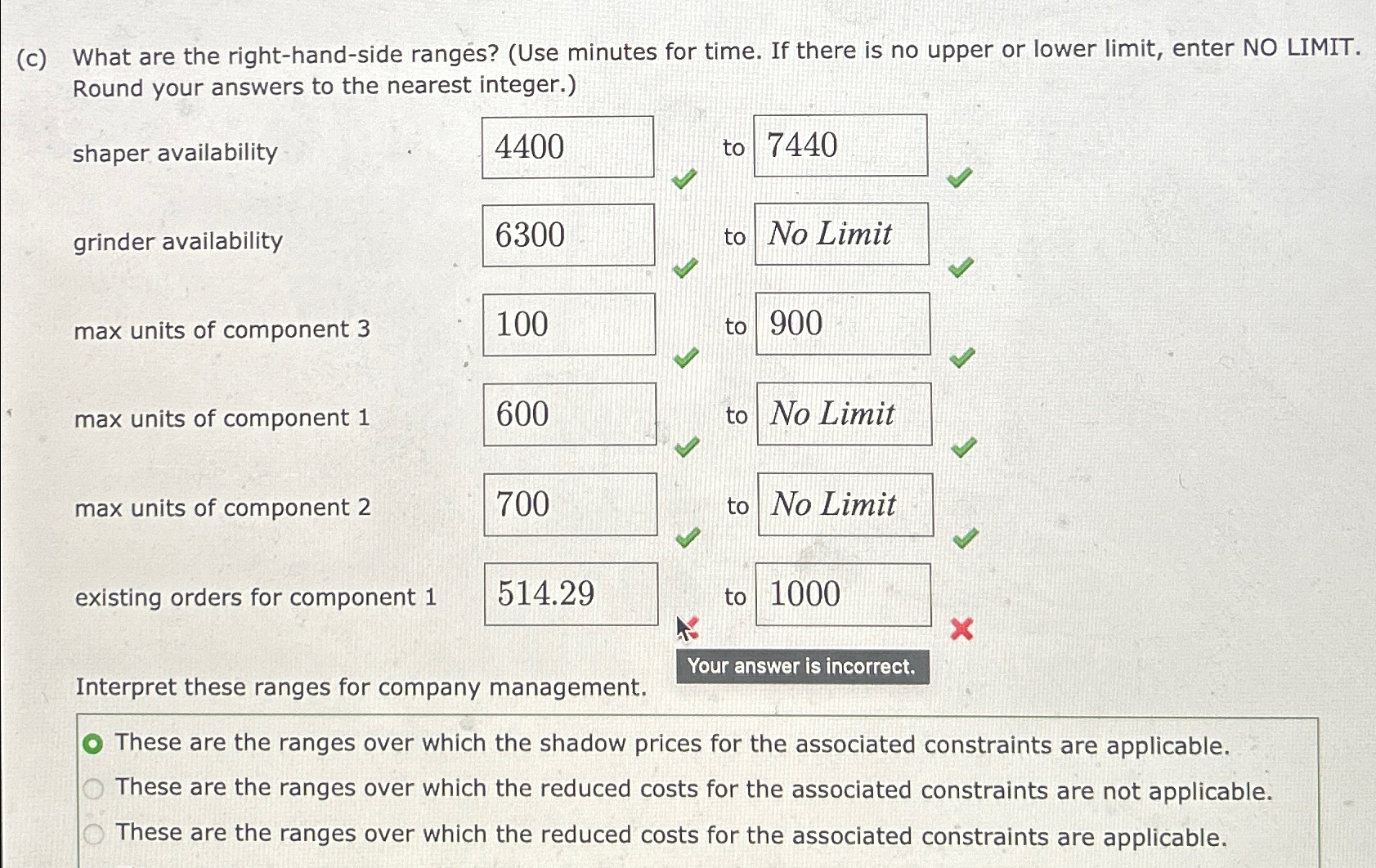  (c) What are the right-hand-side ranges? (Use minutes for time. If