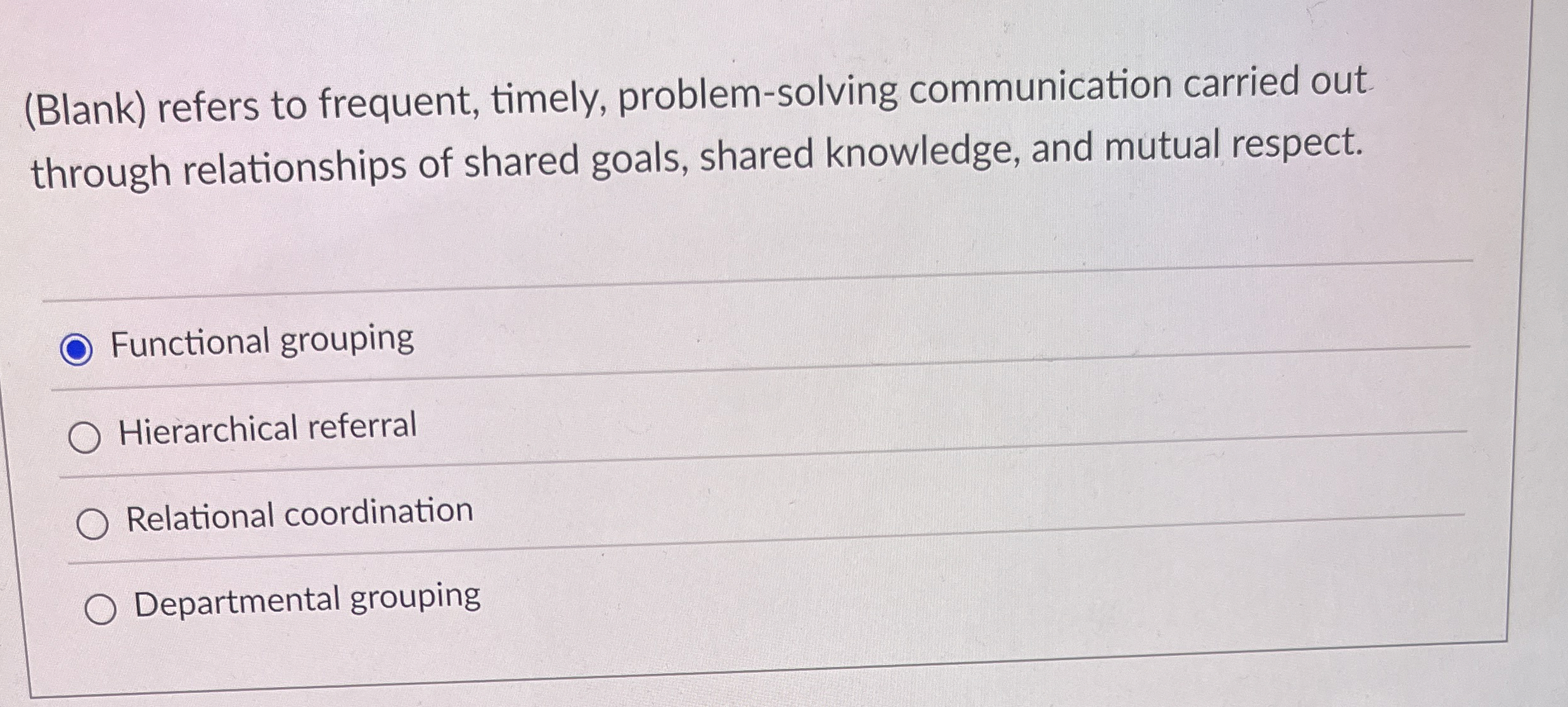  (Blank) refers to frequent, timely, problem-solving communication carried out through relationships