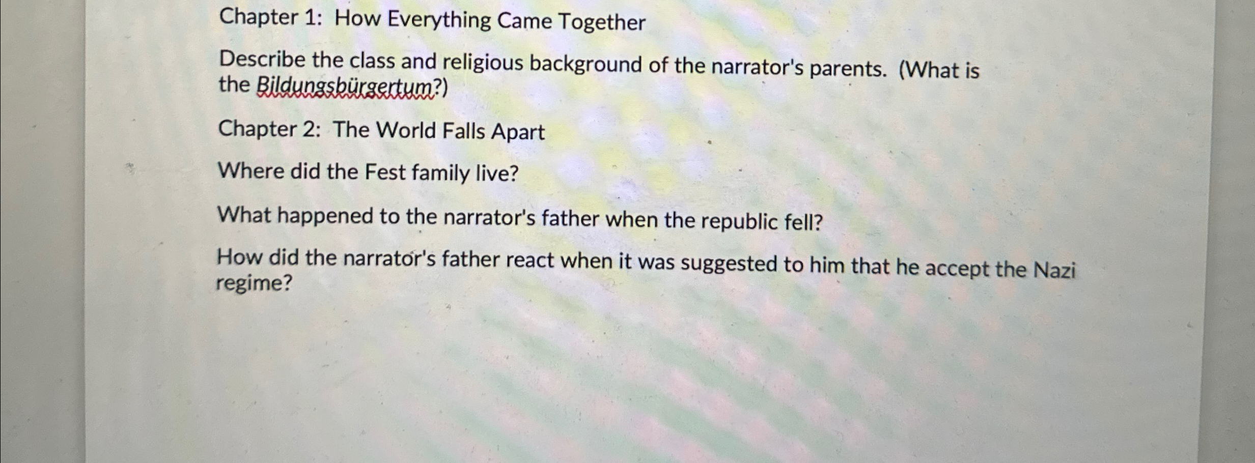  Chapter 1: How Everything Came Together Describe the class and religious