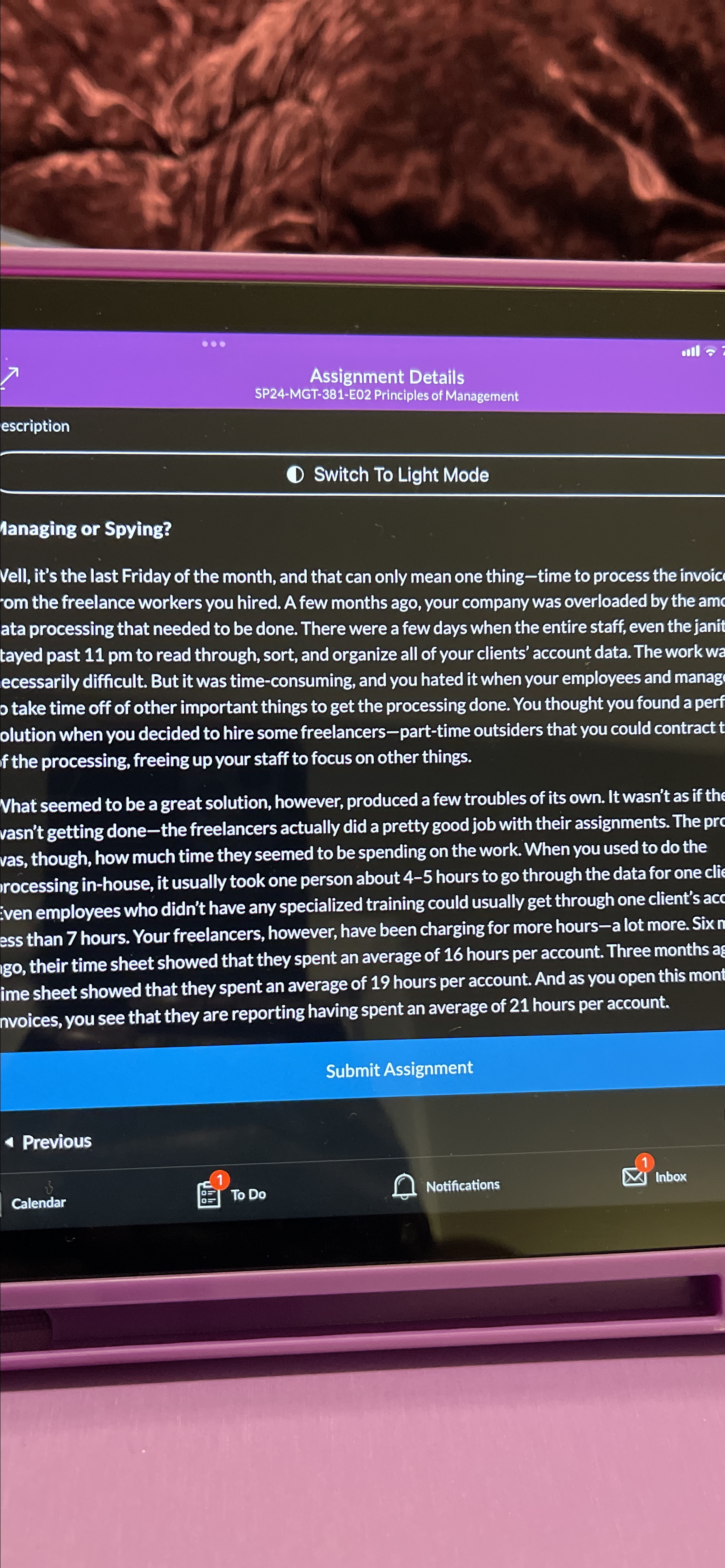  Assignment Details SP24-MGT-381-E02 Principles of Management escription (1) Switch To Light