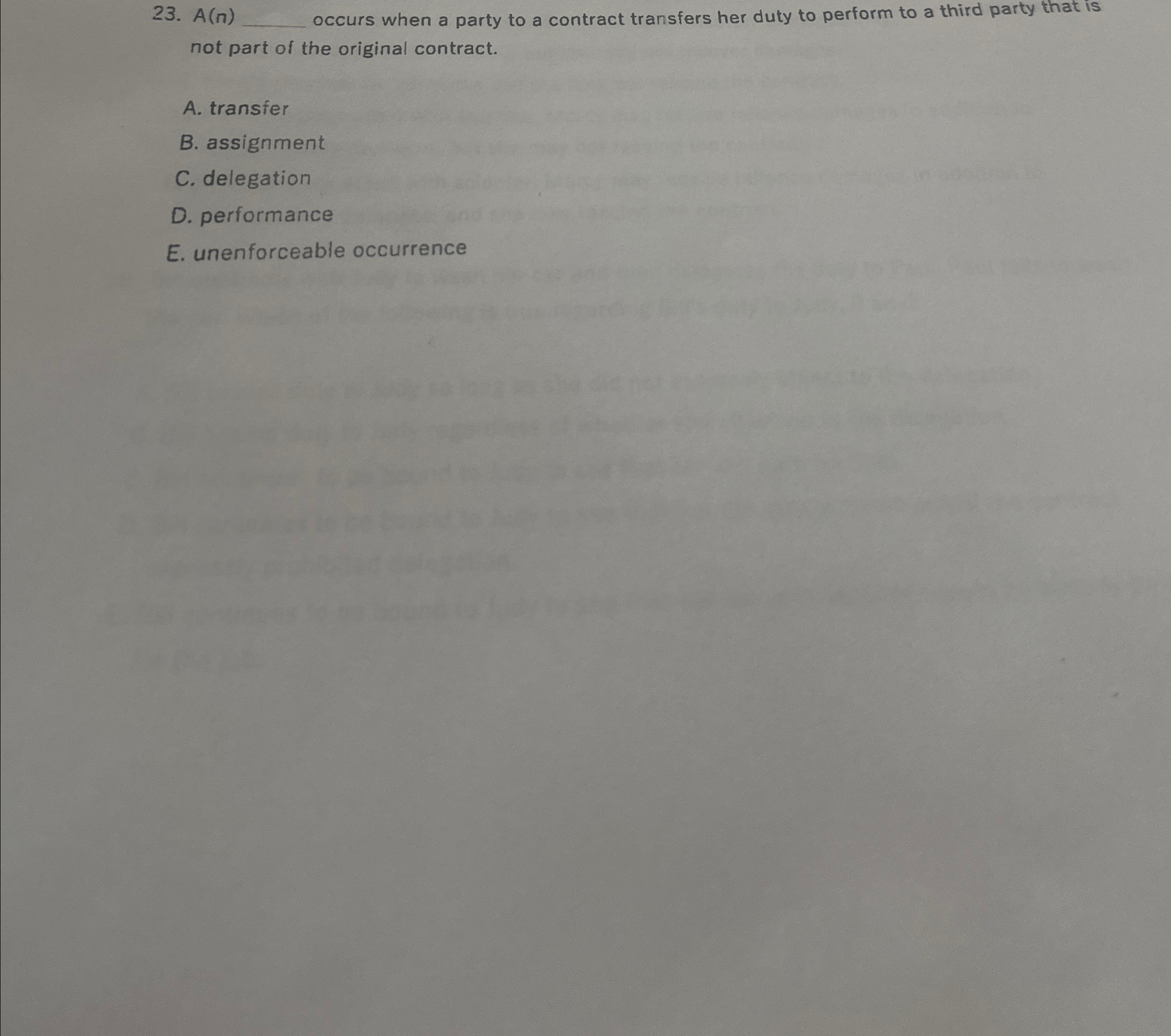  A(n) occurs when a party to a contract transfers her duty