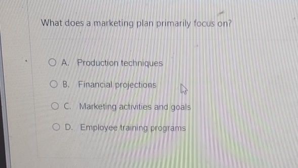  What does a marketing plan primarily focus on? A. Production techniques