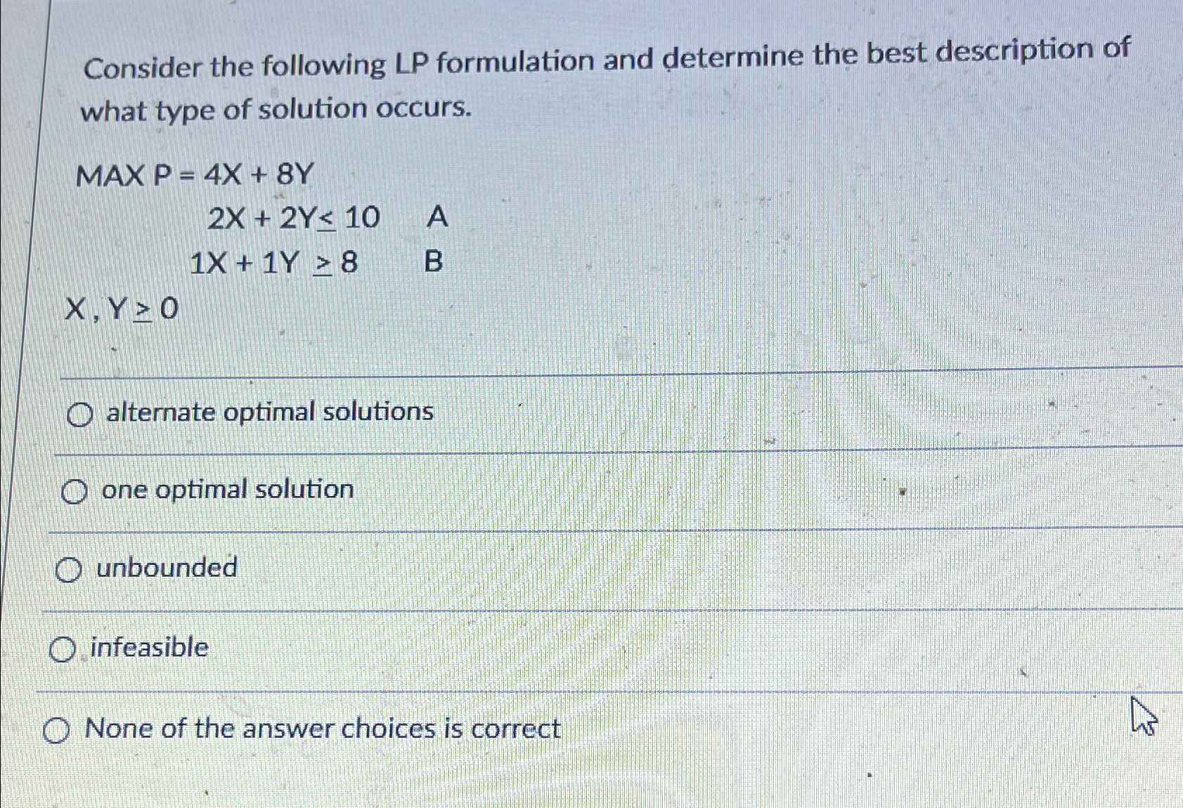 Consider the following LP formulation and determine the best description of