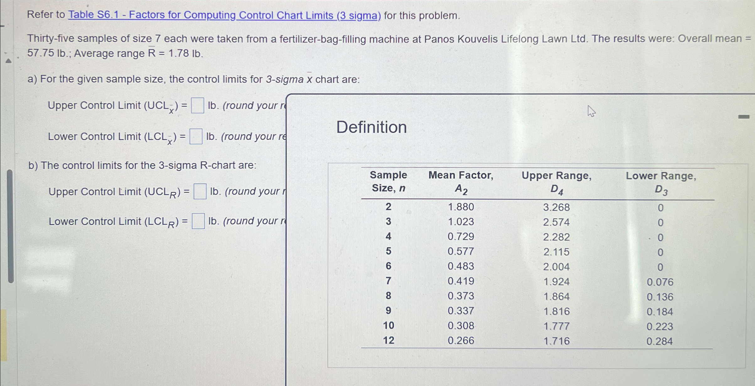  Refer to Table S6.1- Factors for Computing Control Chart Limits (3