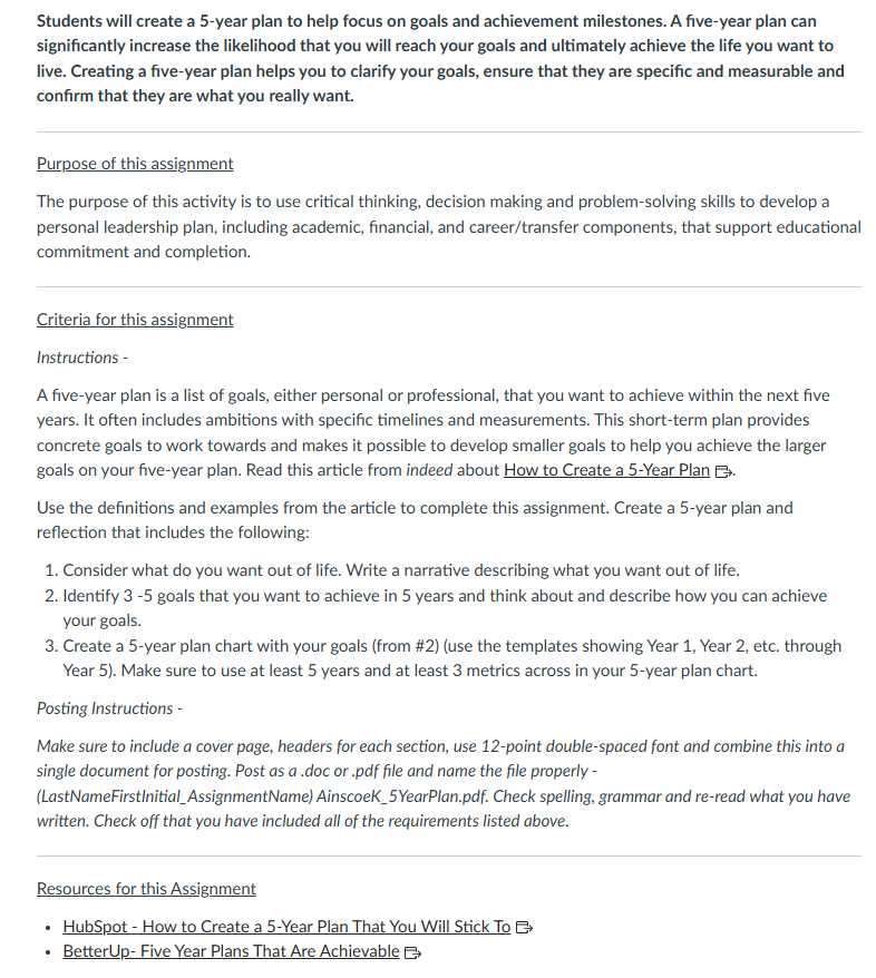  Students will create a 5-year plan to help focus on goals