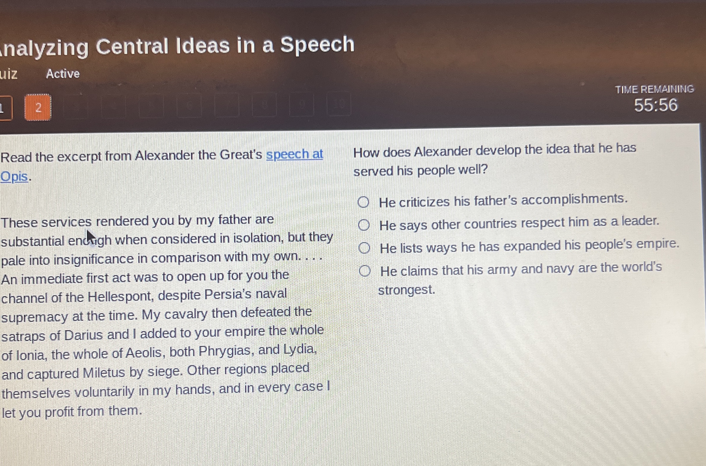  nalyzing Central Ideas in a Speech Read the excerpt from Alexander