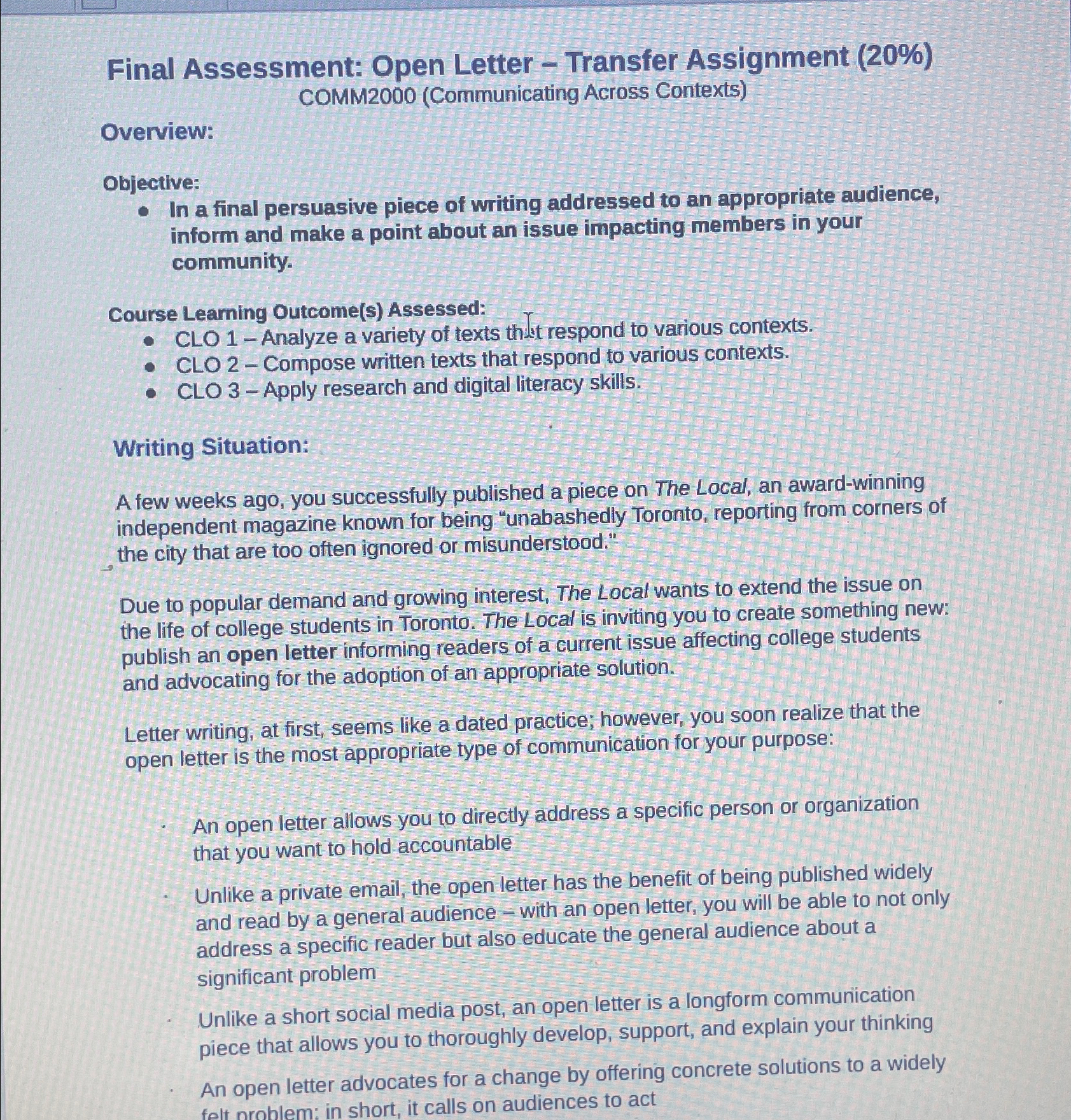  Final Assessment: Open Letter - Transfer Assignment (20%) COMM2000(Communicating Across Contexts)