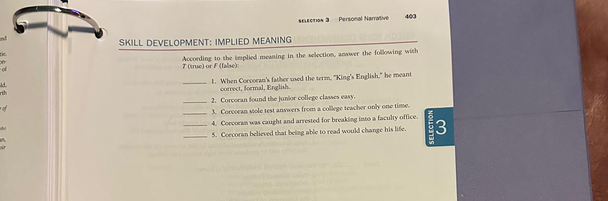  SELEction 3 Personal Narrative 403 SKILL DEVELOPMENT: IMPLIED MEANING According to