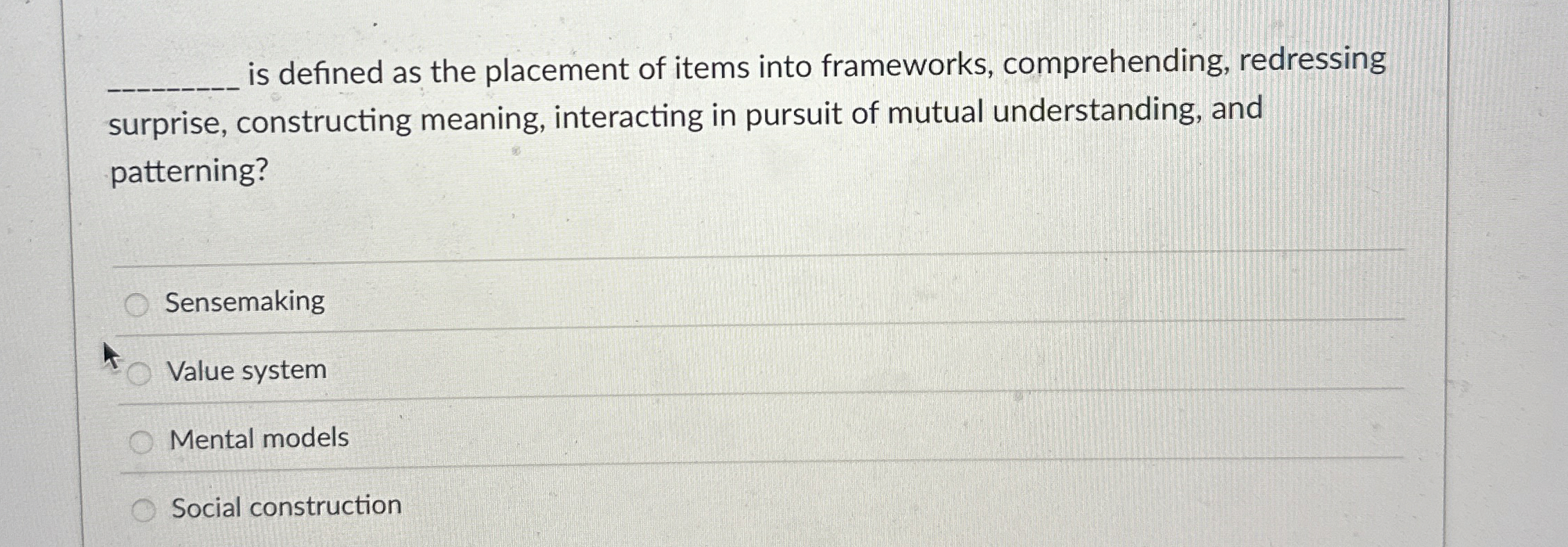  is defined as the placement of items into frameworks, comprehending, redressing