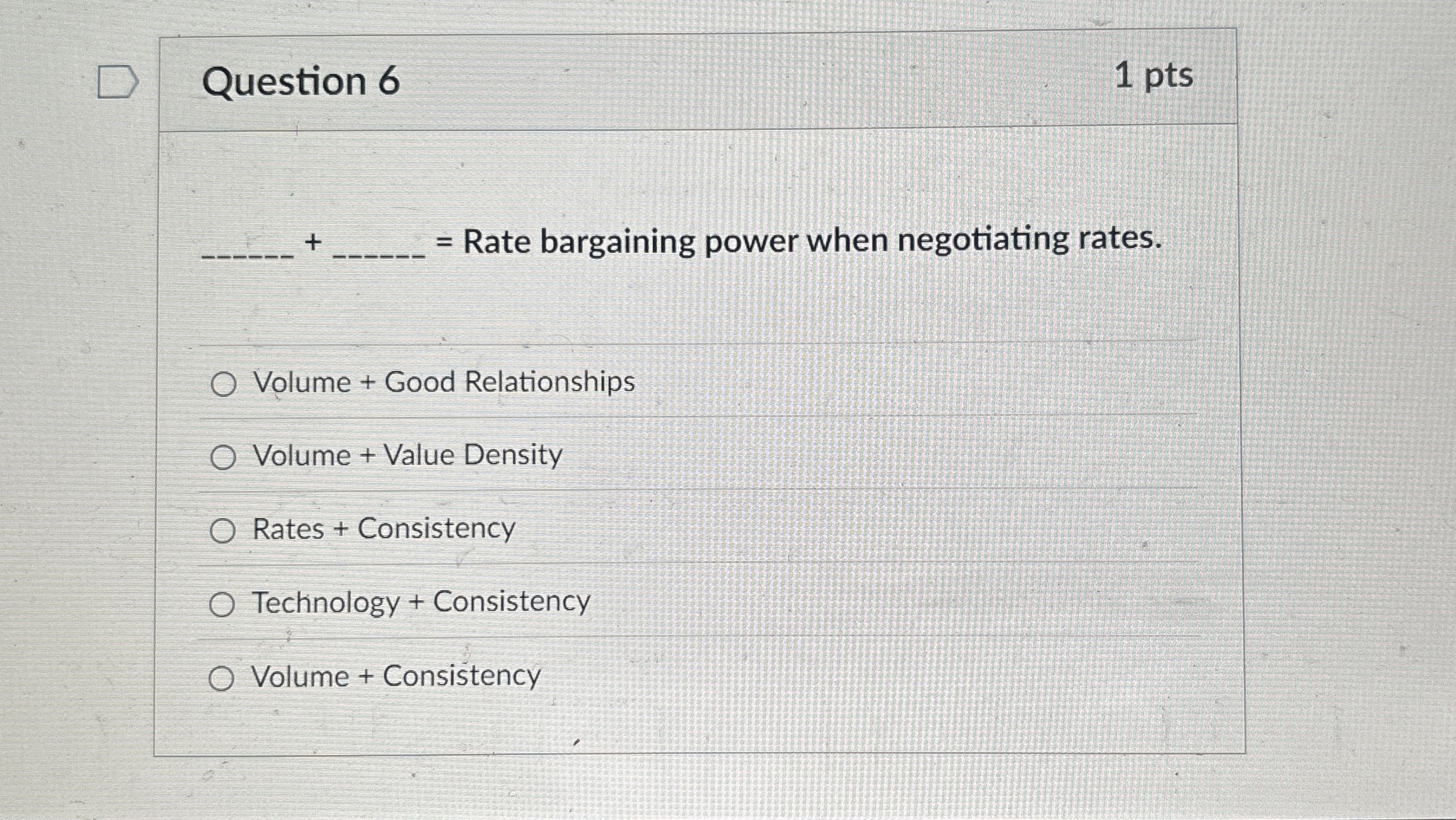  Question 6 1 pts = Rate bargaining power when negotiating rates.