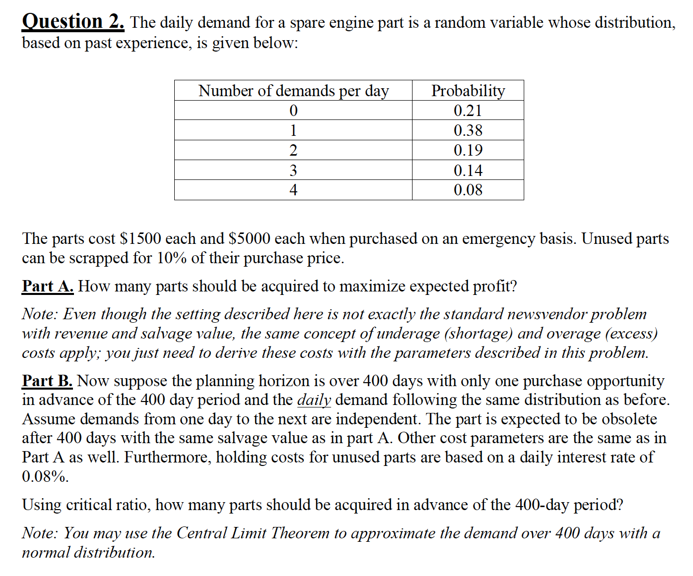  Question 2. The daily demand for a spare engine part is